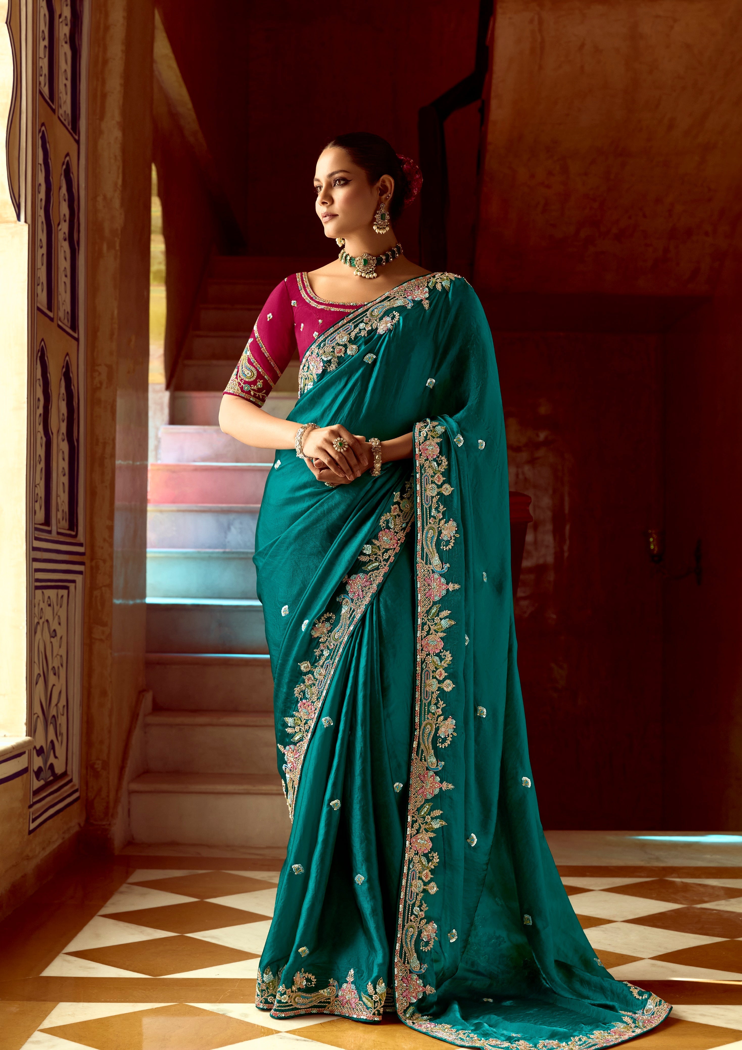 Teal Blue Fancy Fabric Beautified With Sequins ,Dhaga ,Thread Embroidered Work Saree - qivii