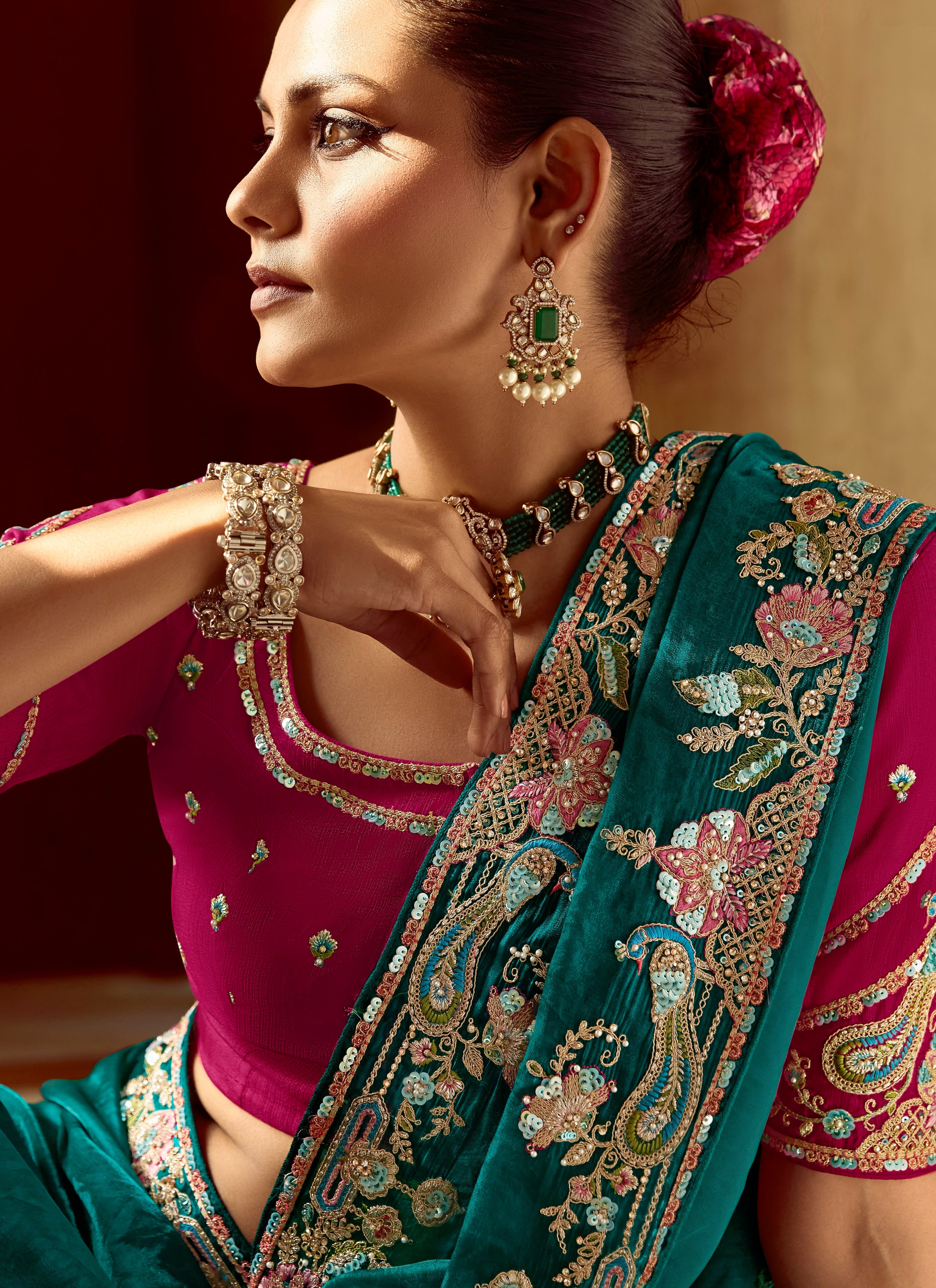 Teal Blue Fancy Fabric Beautified With Sequins ,Dhaga ,Thread Embroidered Work Saree - qivii