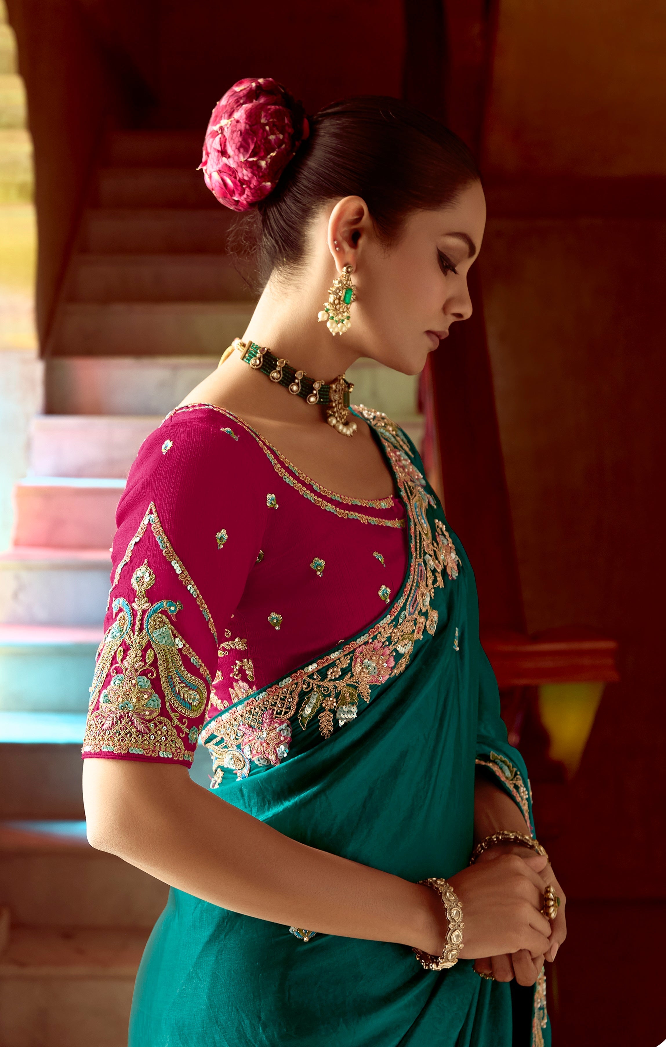 Teal Blue Fancy Fabric Beautified With Sequins ,Dhaga ,Thread Embroidered Work Saree - qivii