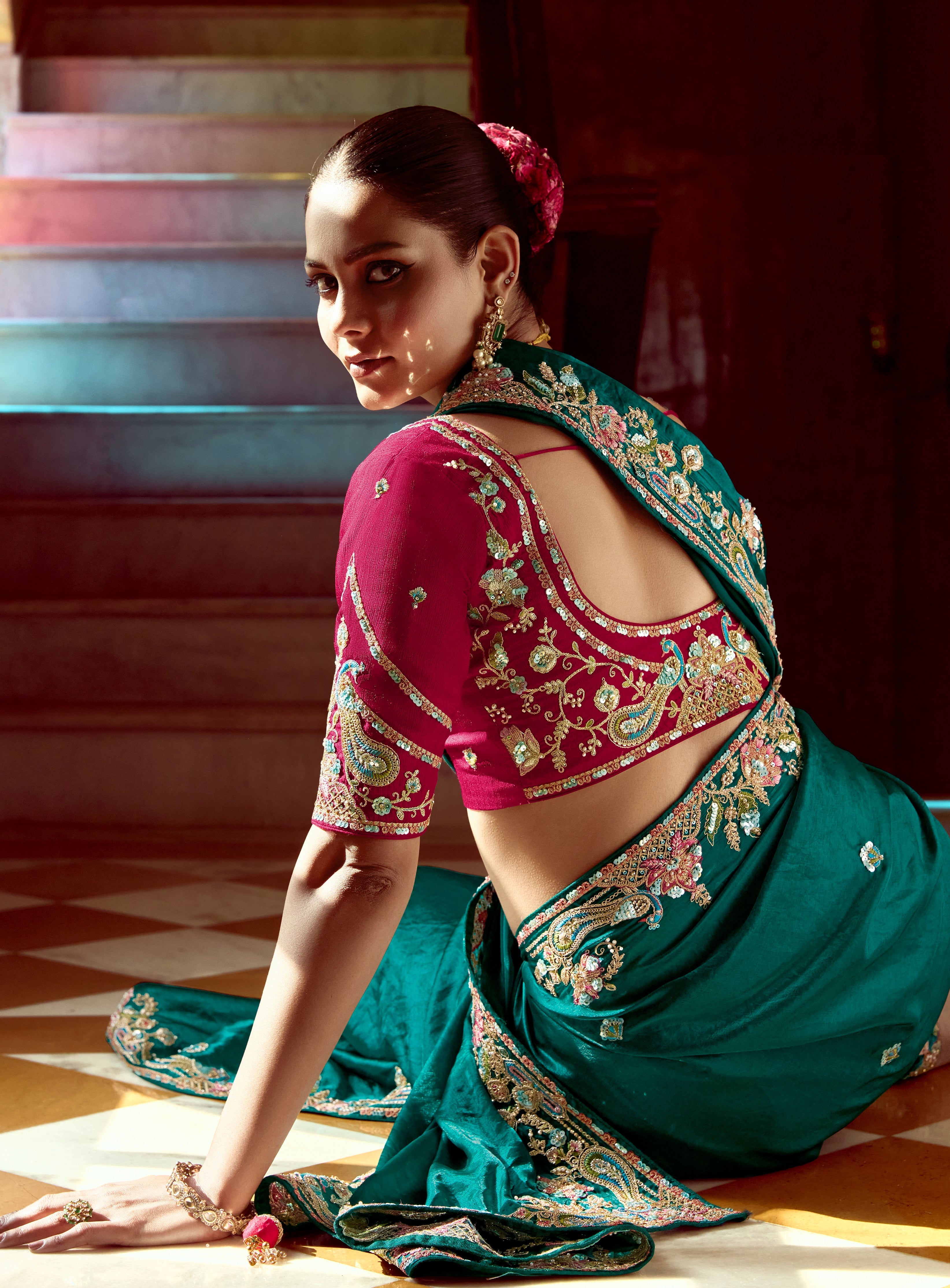 Teal Blue Fancy Fabric Beautified With Sequins ,Dhaga ,Thread Embroidered Work Saree - qivii
