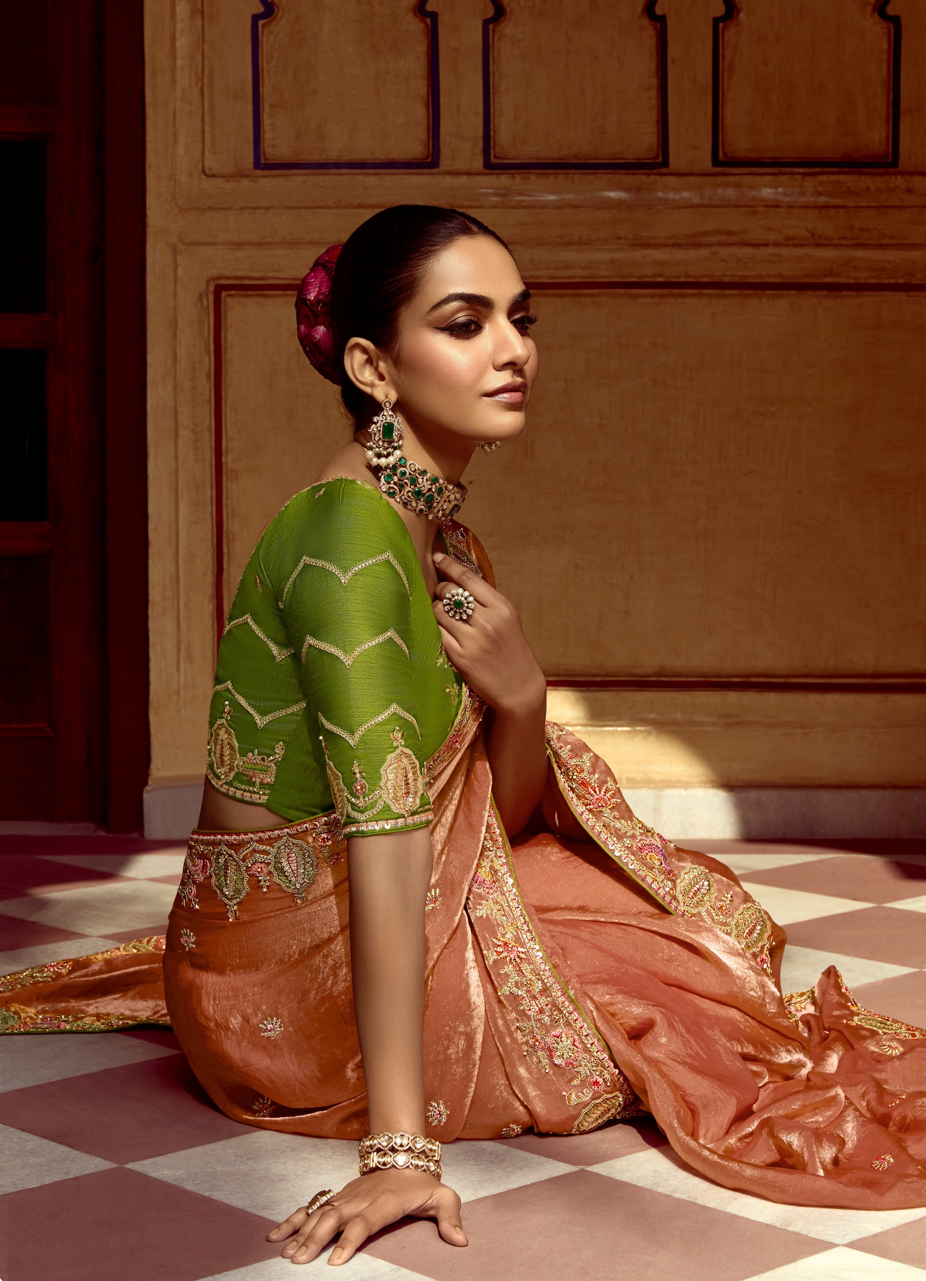 Peach Fancy Fabric Beautified With Sequins ,Dhaga ,Thread Embroidered Work Saree - qivii