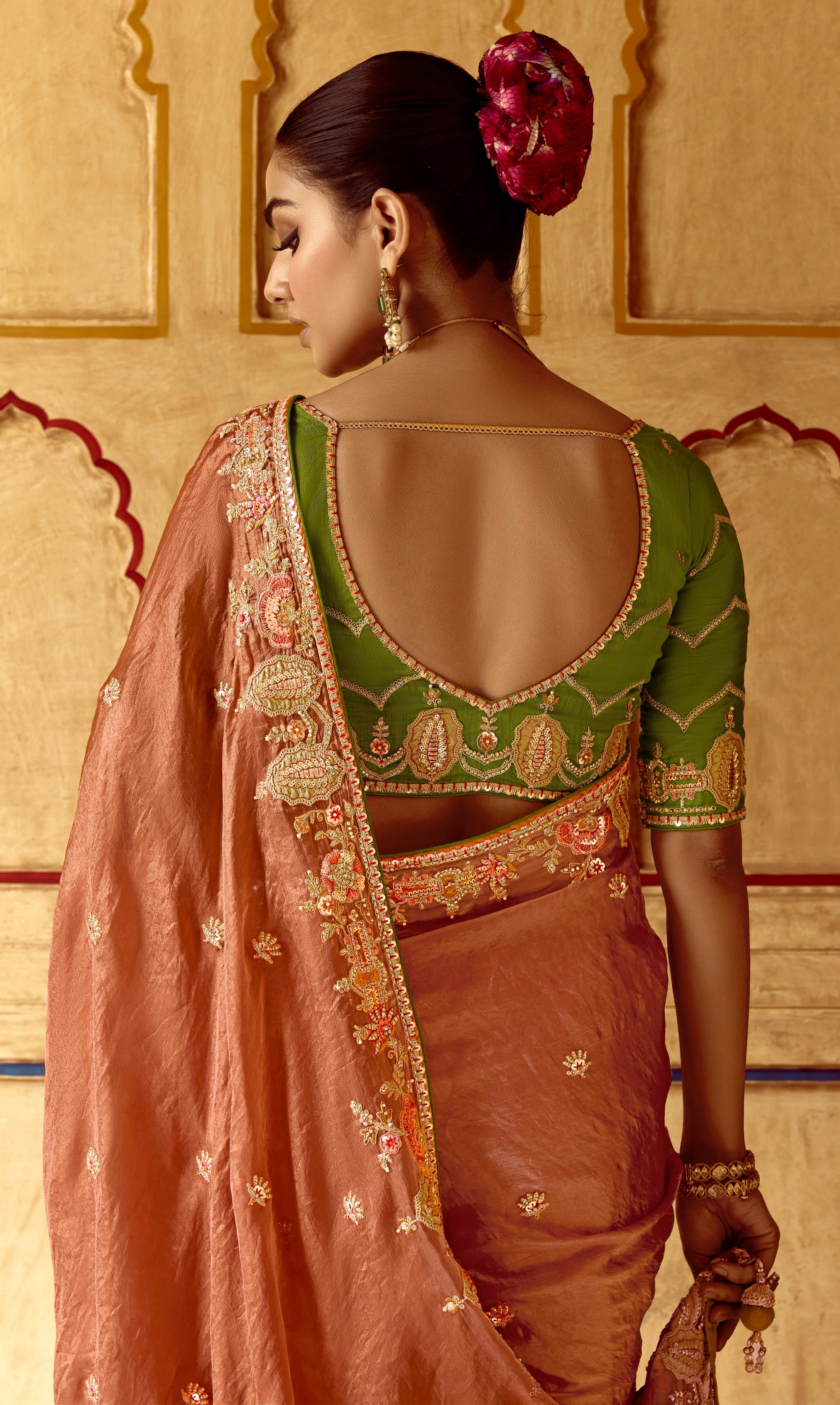 Peach Fancy Fabric Beautified With Sequins ,Dhaga ,Thread Embroidered Work Saree - qivii