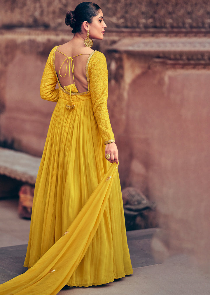 Butter Yellow Georgette Designer Anarkali Suit with Floral Embroidery work By Qivii