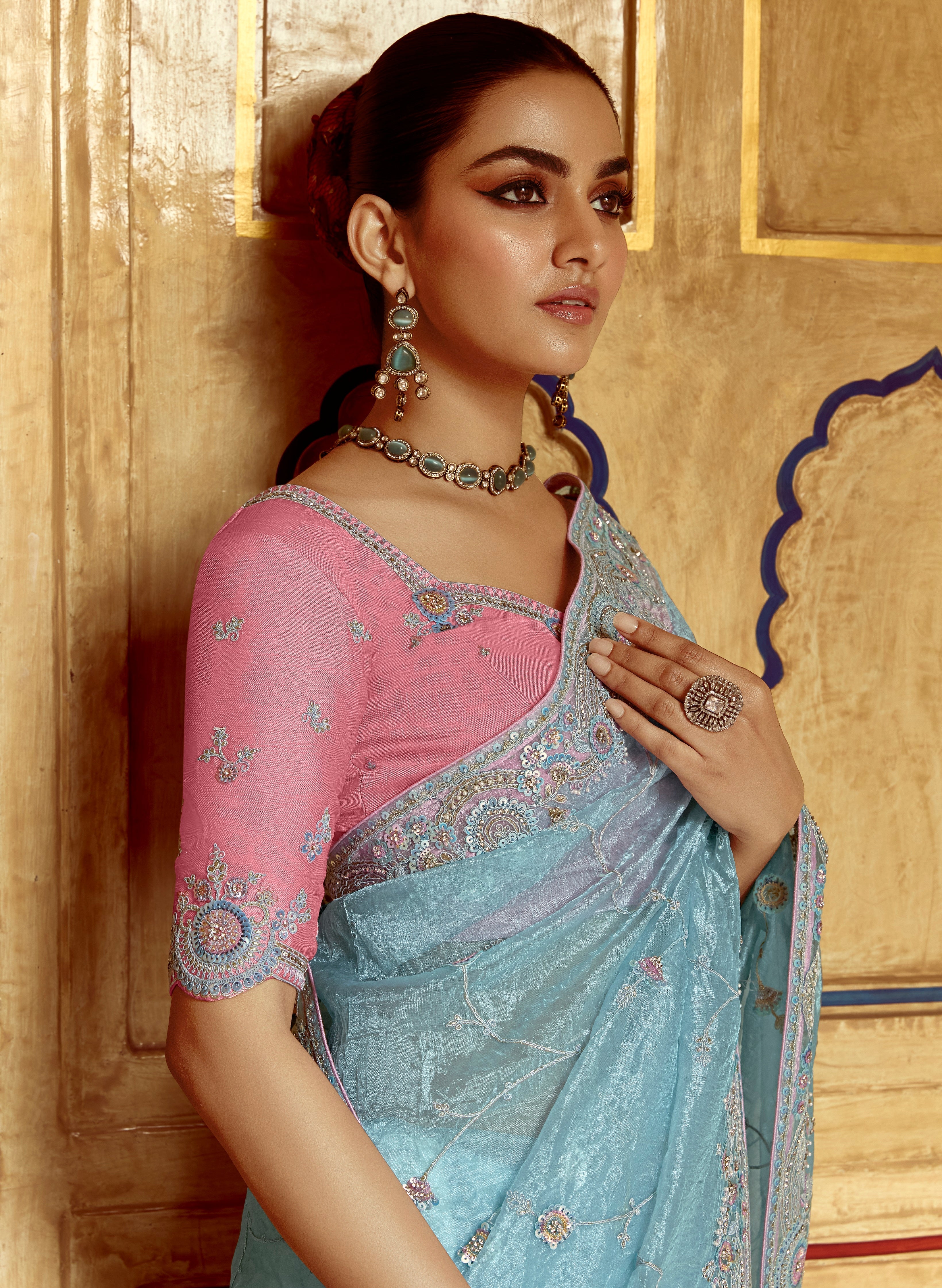 Blue Fancy Fabric Beautified With Sequins ,Dhaga ,Thread Embroidered Work Saree - qivii