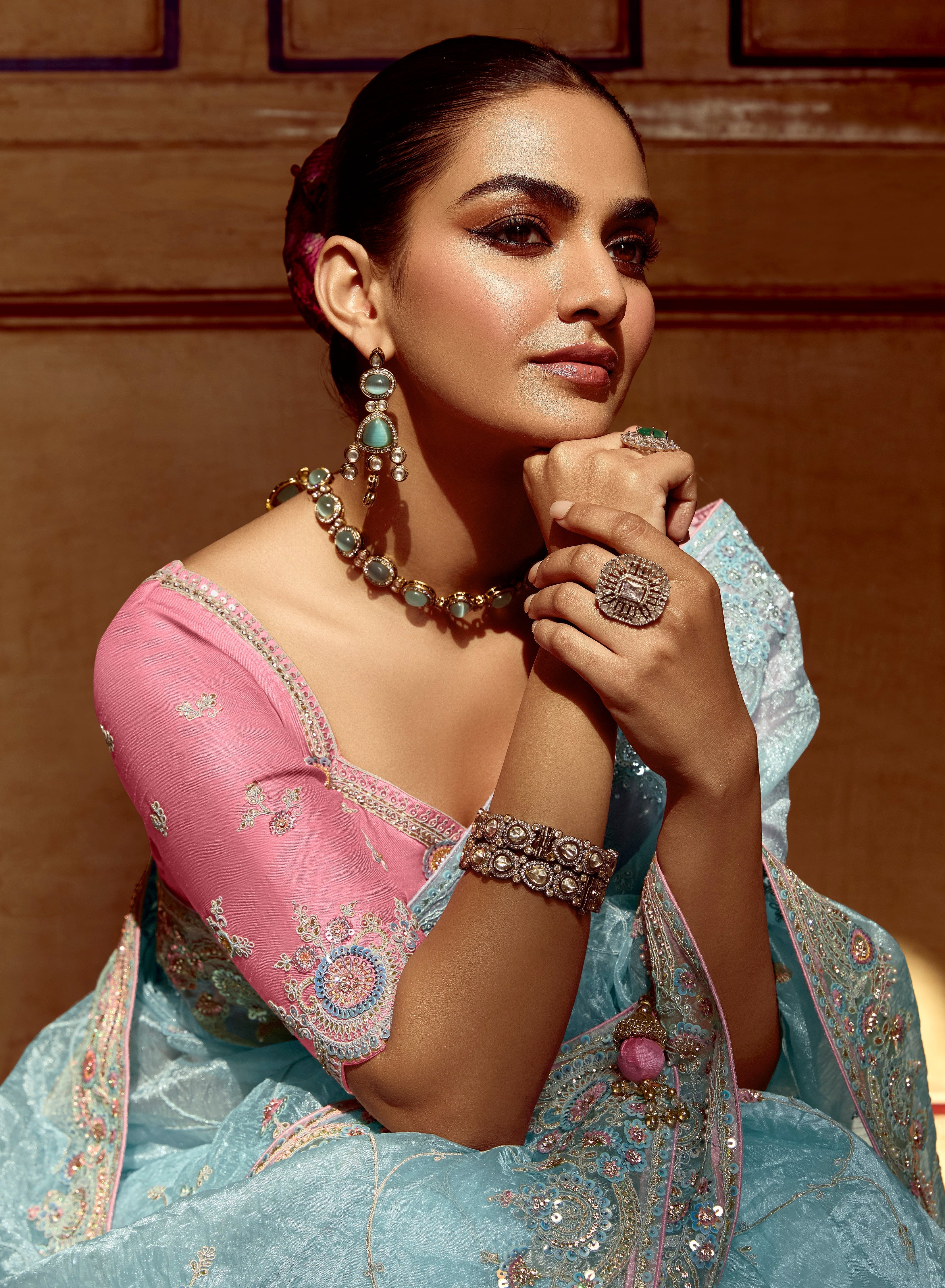 Blue Fancy Fabric Beautified With Sequins ,Dhaga ,Thread Embroidered Work Saree - qivii