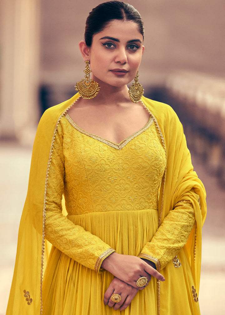 Butter Yellow Georgette Designer Anarkali Suit with Floral Embroidery work By Qivii