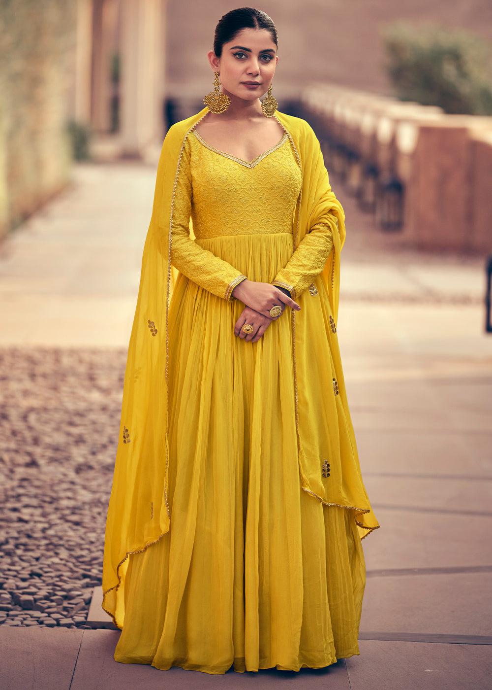 Butter Yellow Georgette Designer Anarkali Suit with Floral Embroidery work - qivii