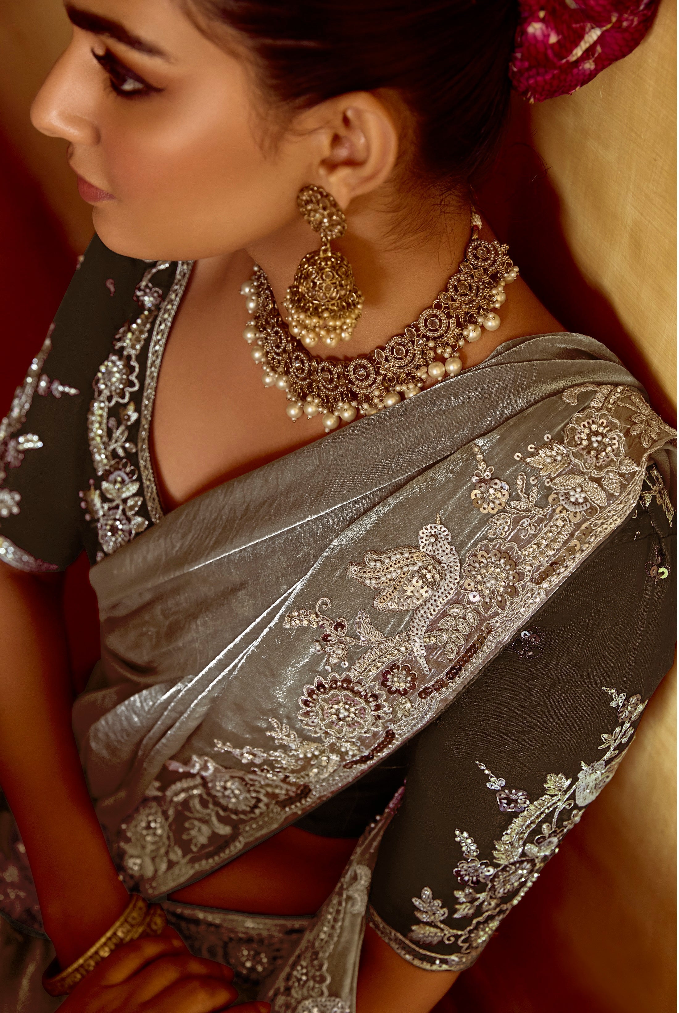 Silver Fancy Fabric Beautified With Sequins ,Dhaga ,Thread Embroidered Work Saree - qivii