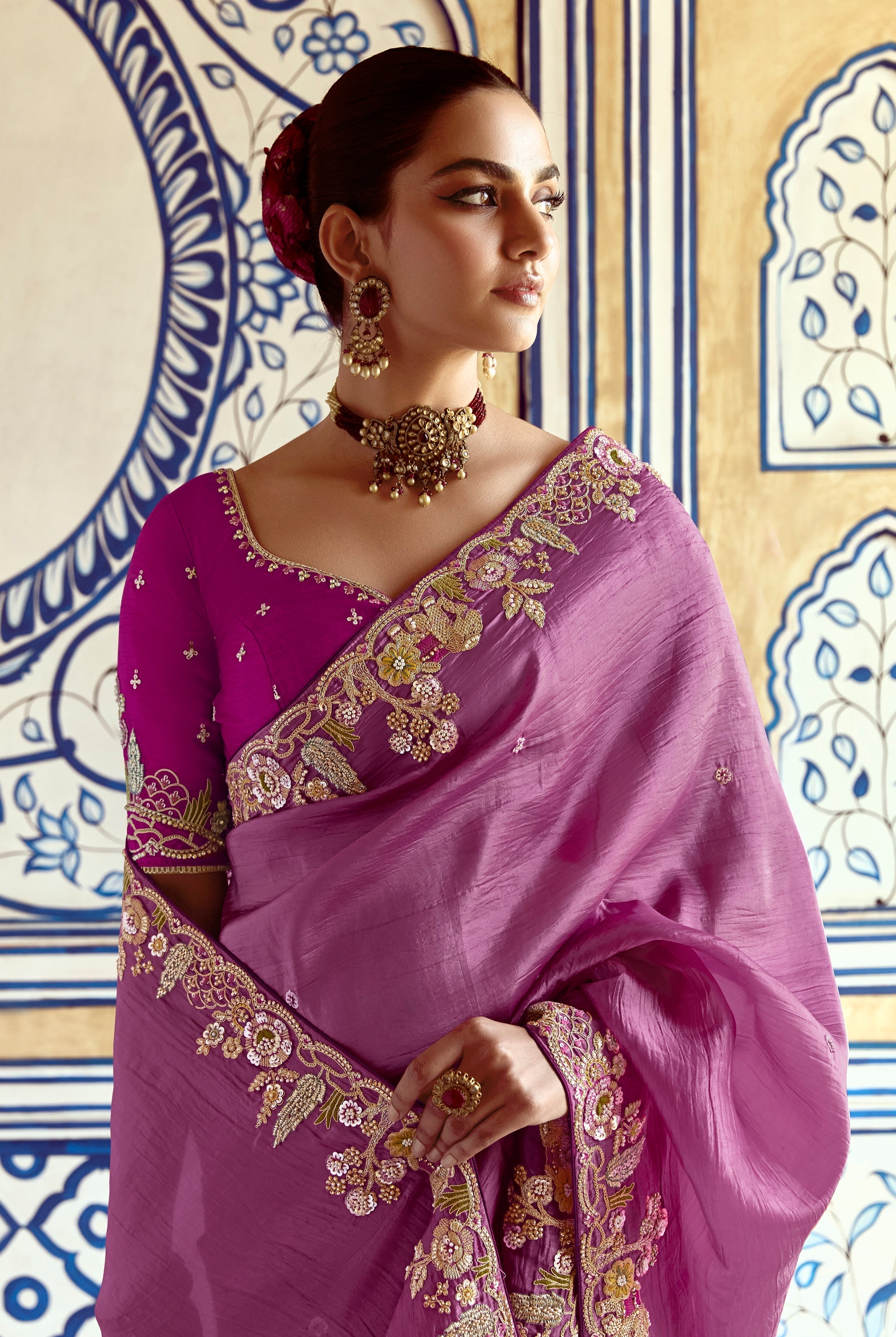 Purple Fancy Fabric Beautified With Sequins ,Dhaga ,Thread Embroidered Work Saree - qivii