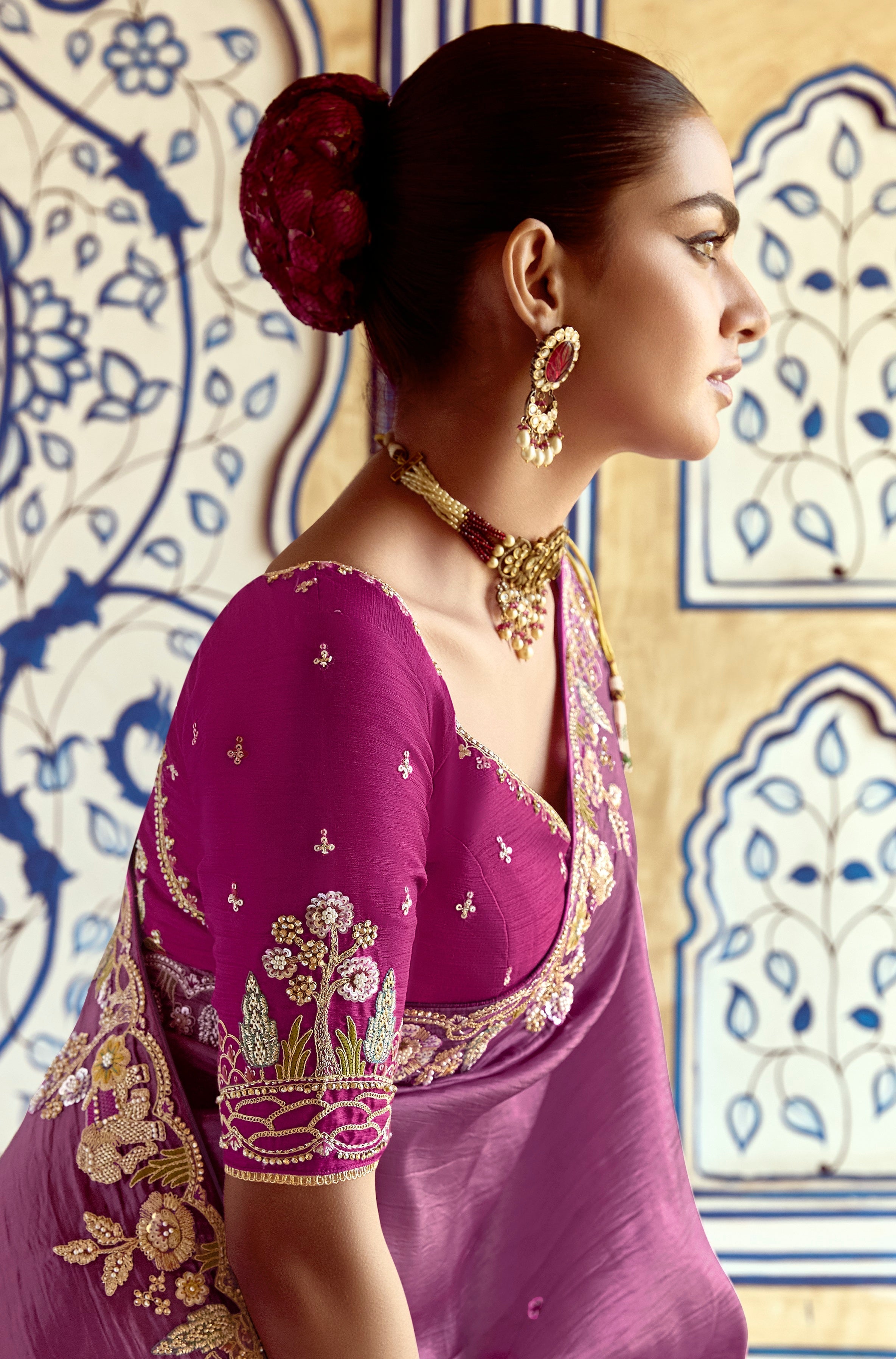 Purple Fancy Fabric Beautified With Sequins ,Dhaga ,Thread Embroidered Work Saree - qivii