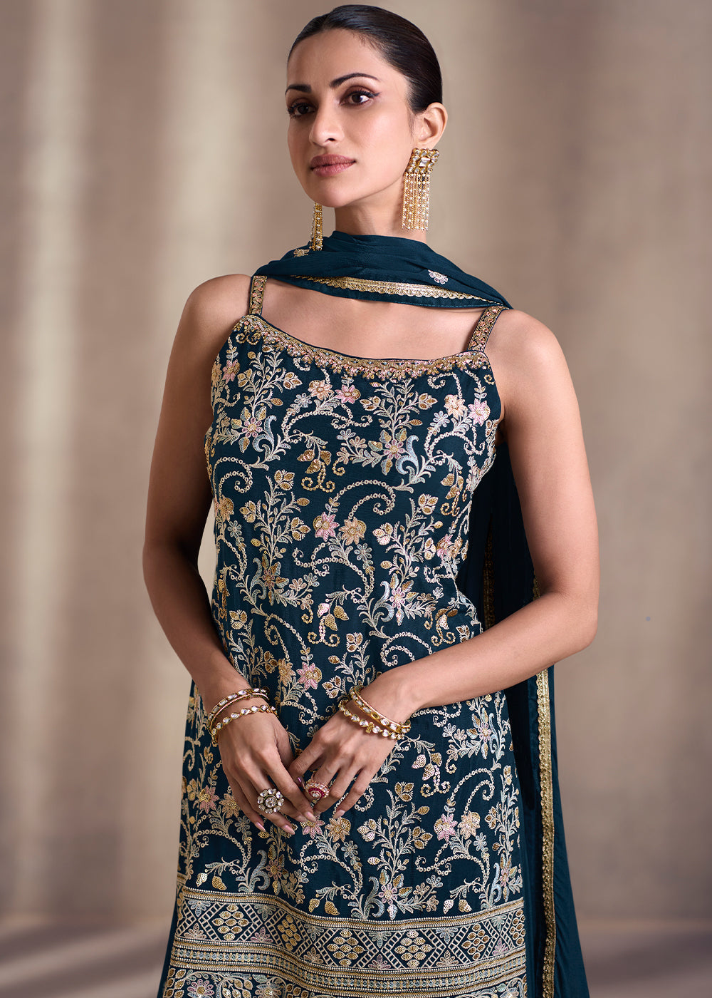 Prussian Blue Designer Embroidered Georgette Sharara Suit By Qivii