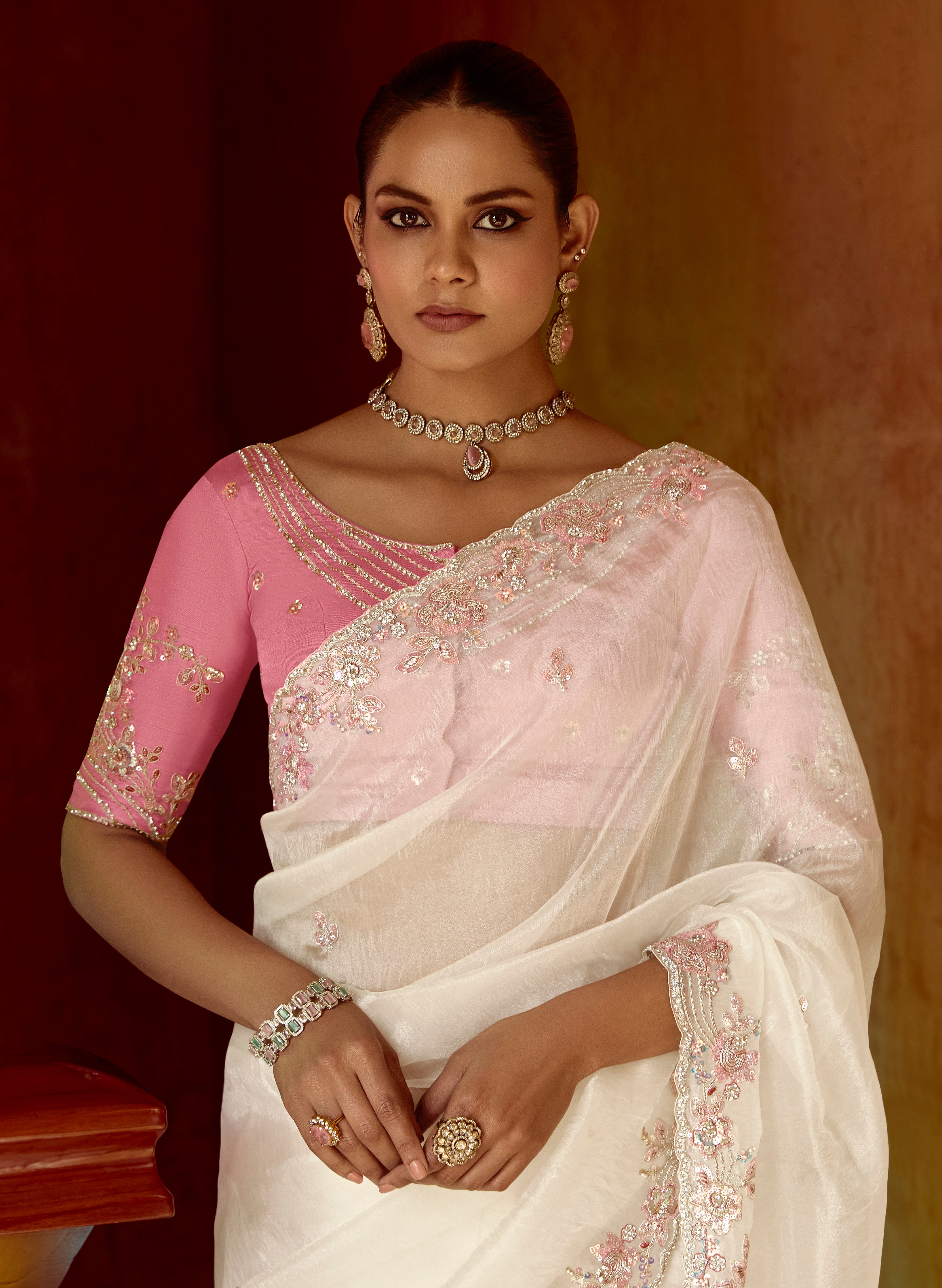 Off White Fancy Fabric Beautified With Sequins ,Dhaga ,Thread Embroidered Work Saree - qivii