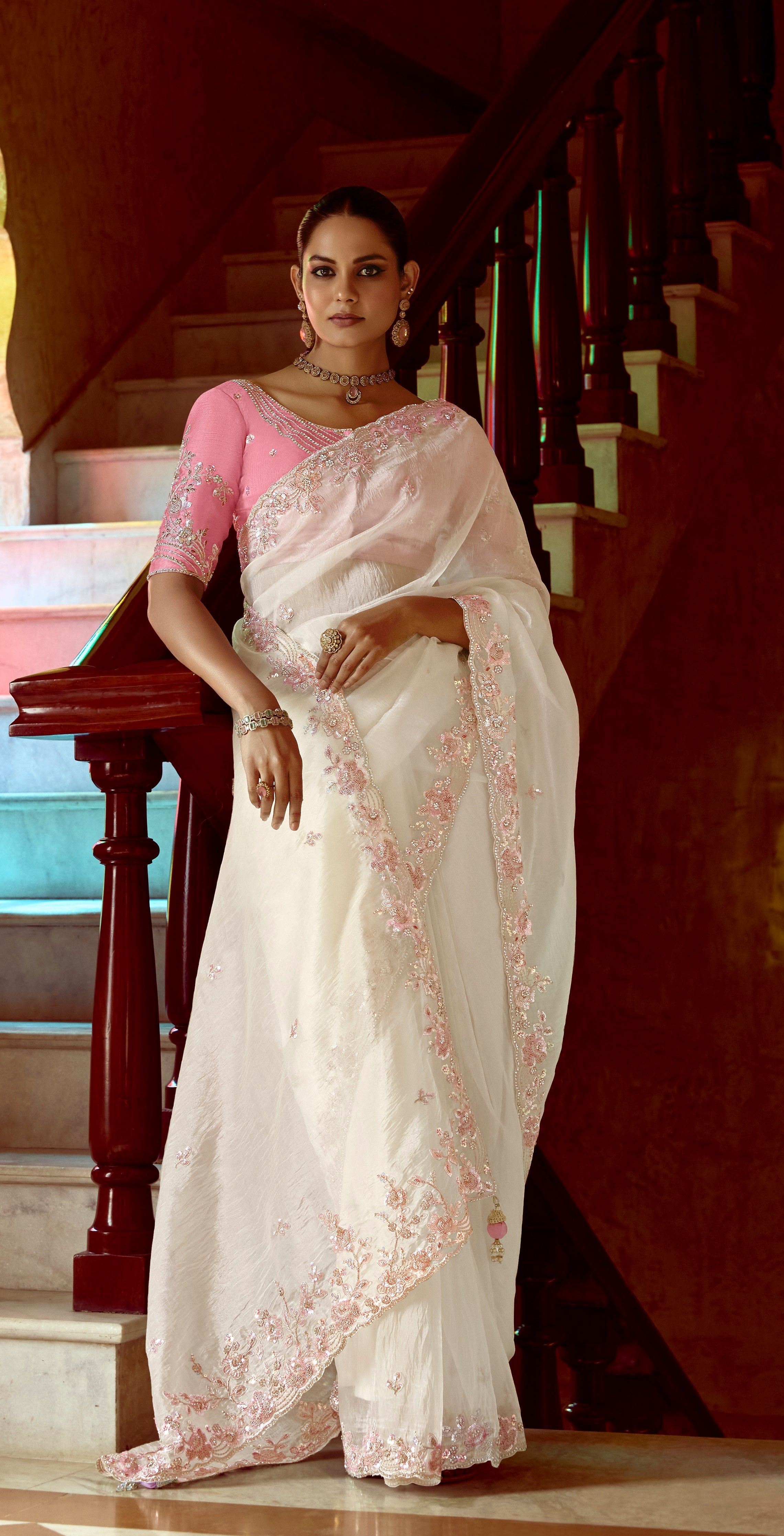 Off White Fancy Fabric Beautified With Sequins ,Dhaga ,Thread Embroidered Work Saree - qivii