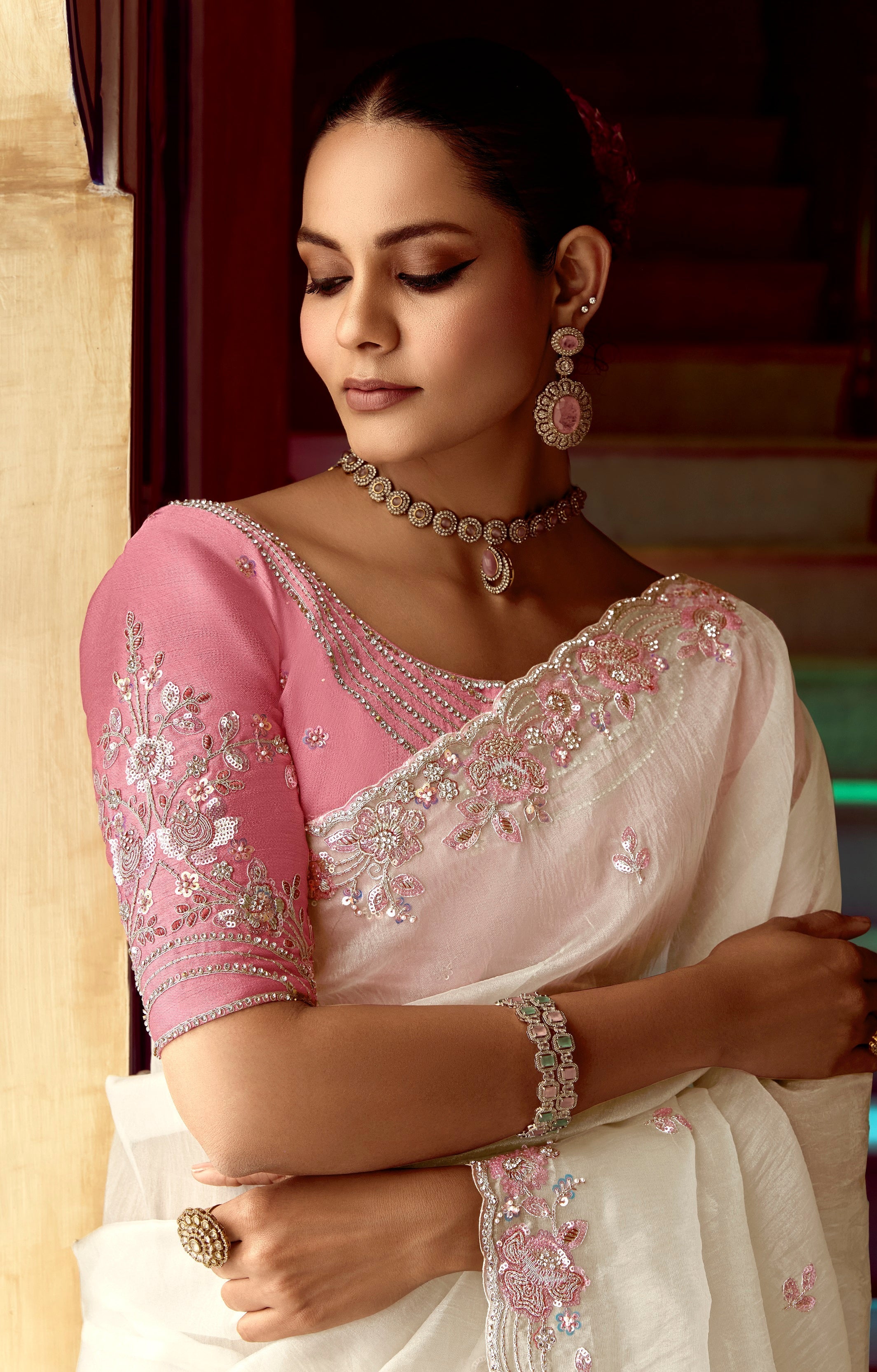 Off White Fancy Fabric Beautified With Sequins ,Dhaga ,Thread Embroidered Work Saree - qivii