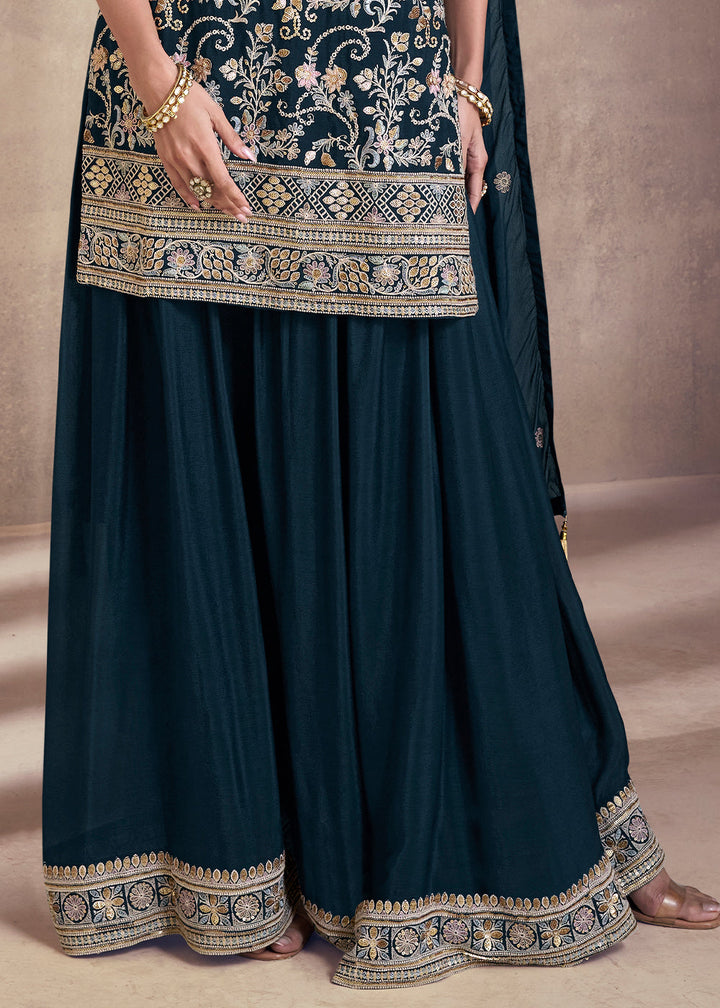 Prussian Blue Designer Embroidered Georgette Sharara Suit By Qivii