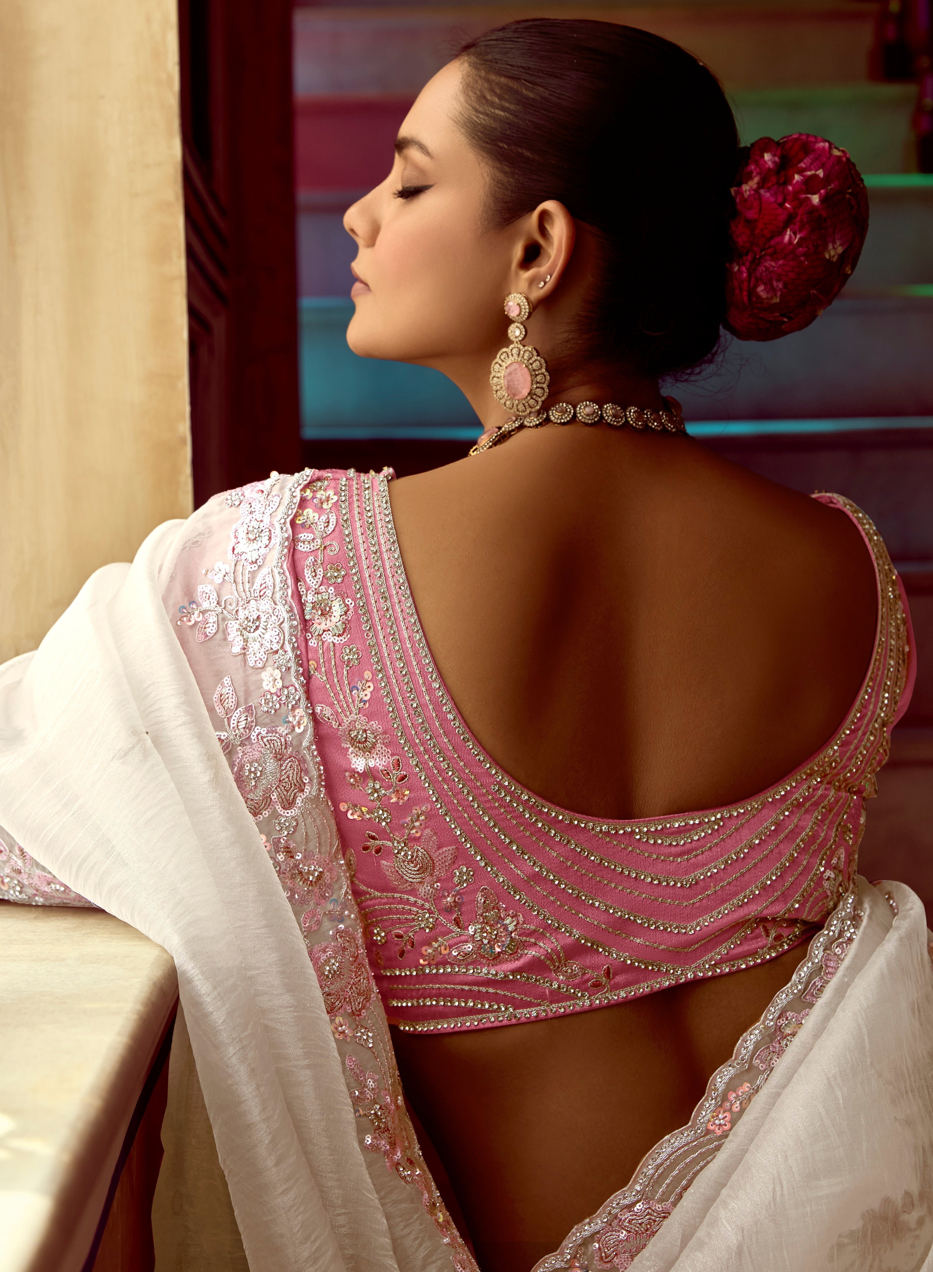 Off White Fancy Fabric Beautified With Sequins ,Dhaga ,Thread Embroidered Work Saree - qivii