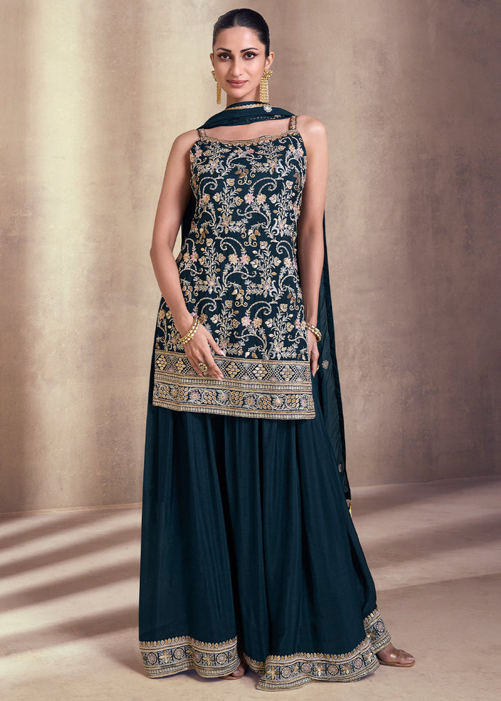 Prussian Blue Designer Embroidered Georgette Sharara Suit By Qivii