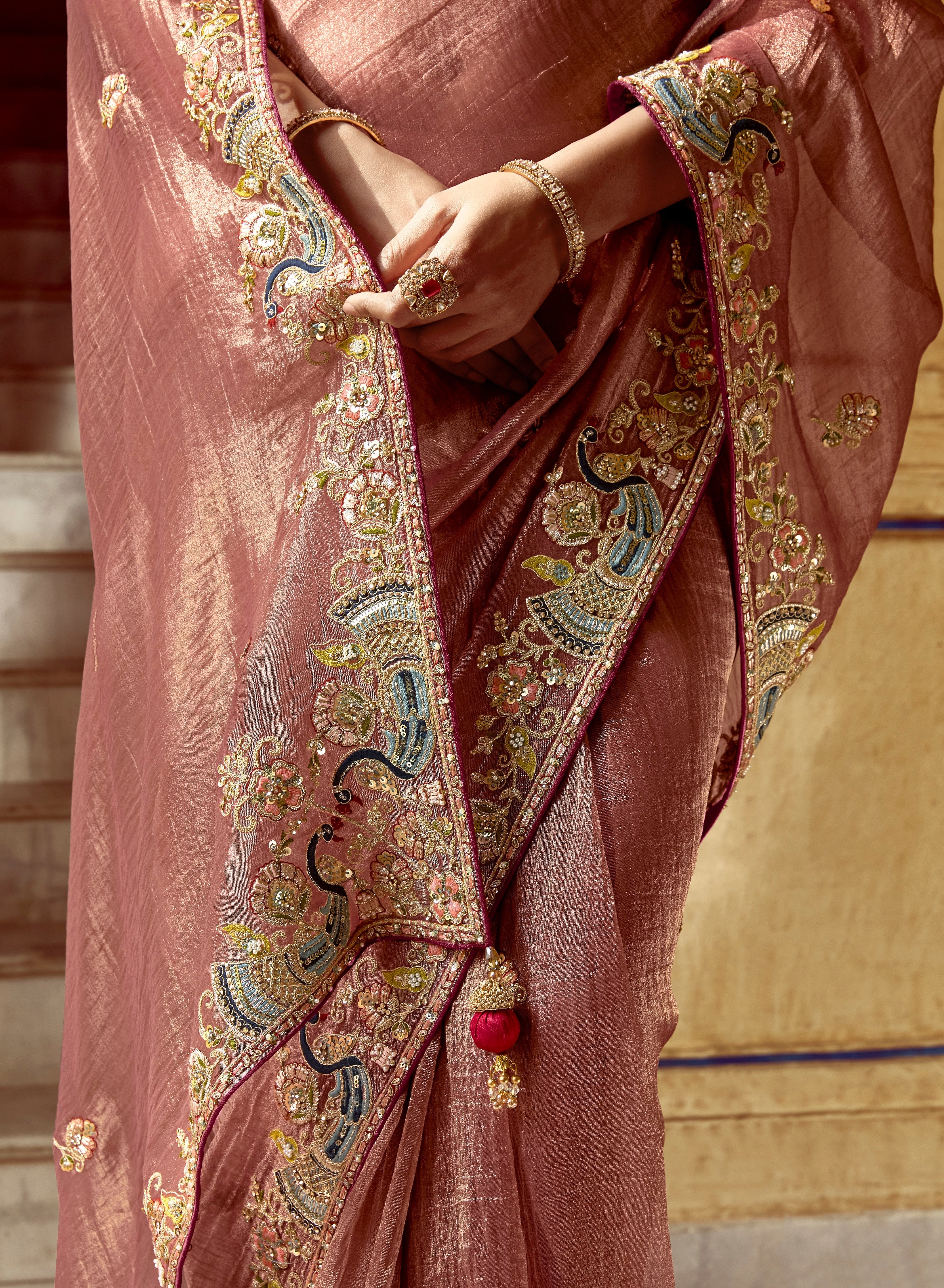 Lite Pink Fancy Fabric Beautified With Sequins ,Dhaga ,Thread Embroidered Work Saree - qivii
