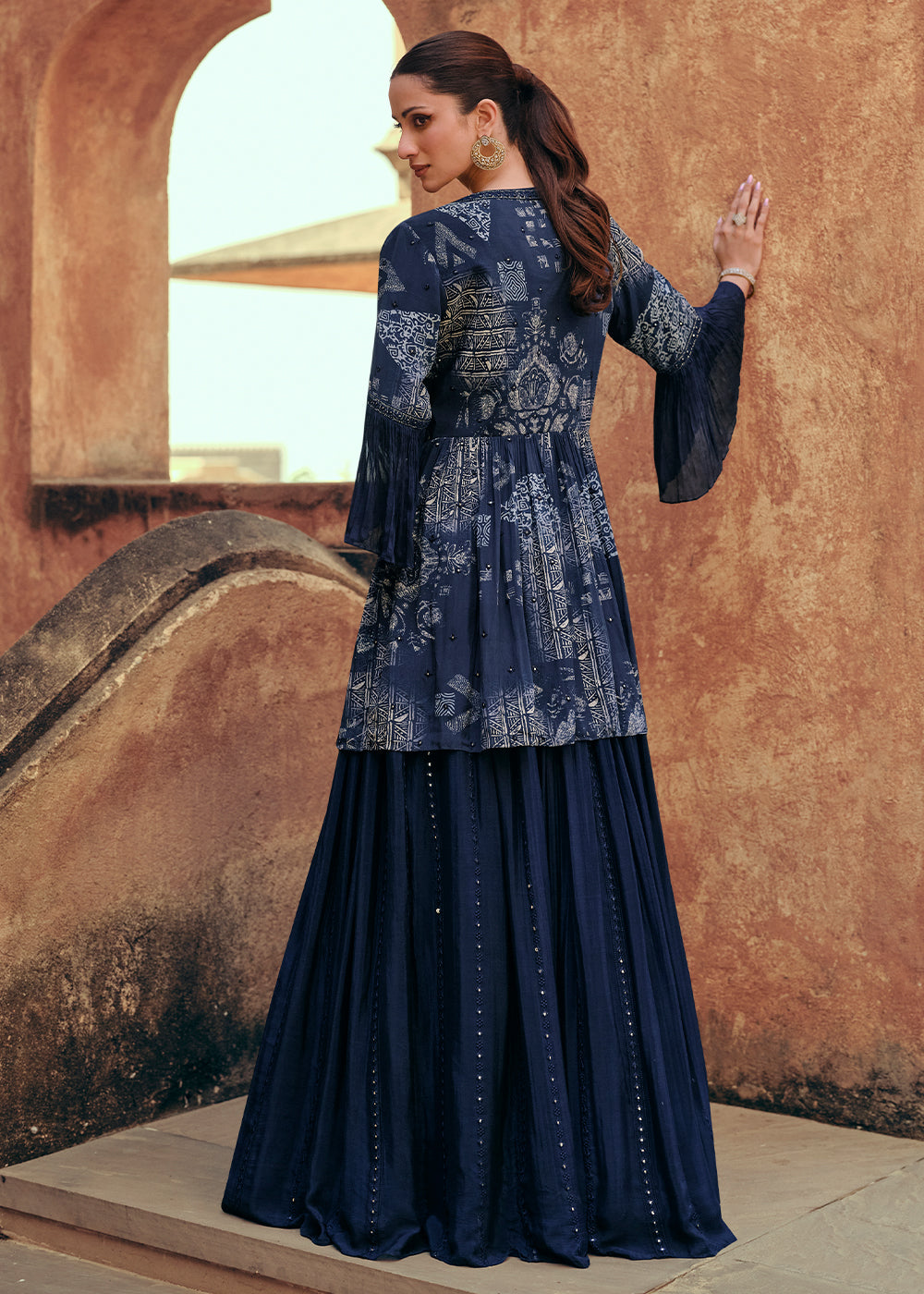 Navy Blue Chinon Silk Top & Skirt with Designer Shrug By Qivii