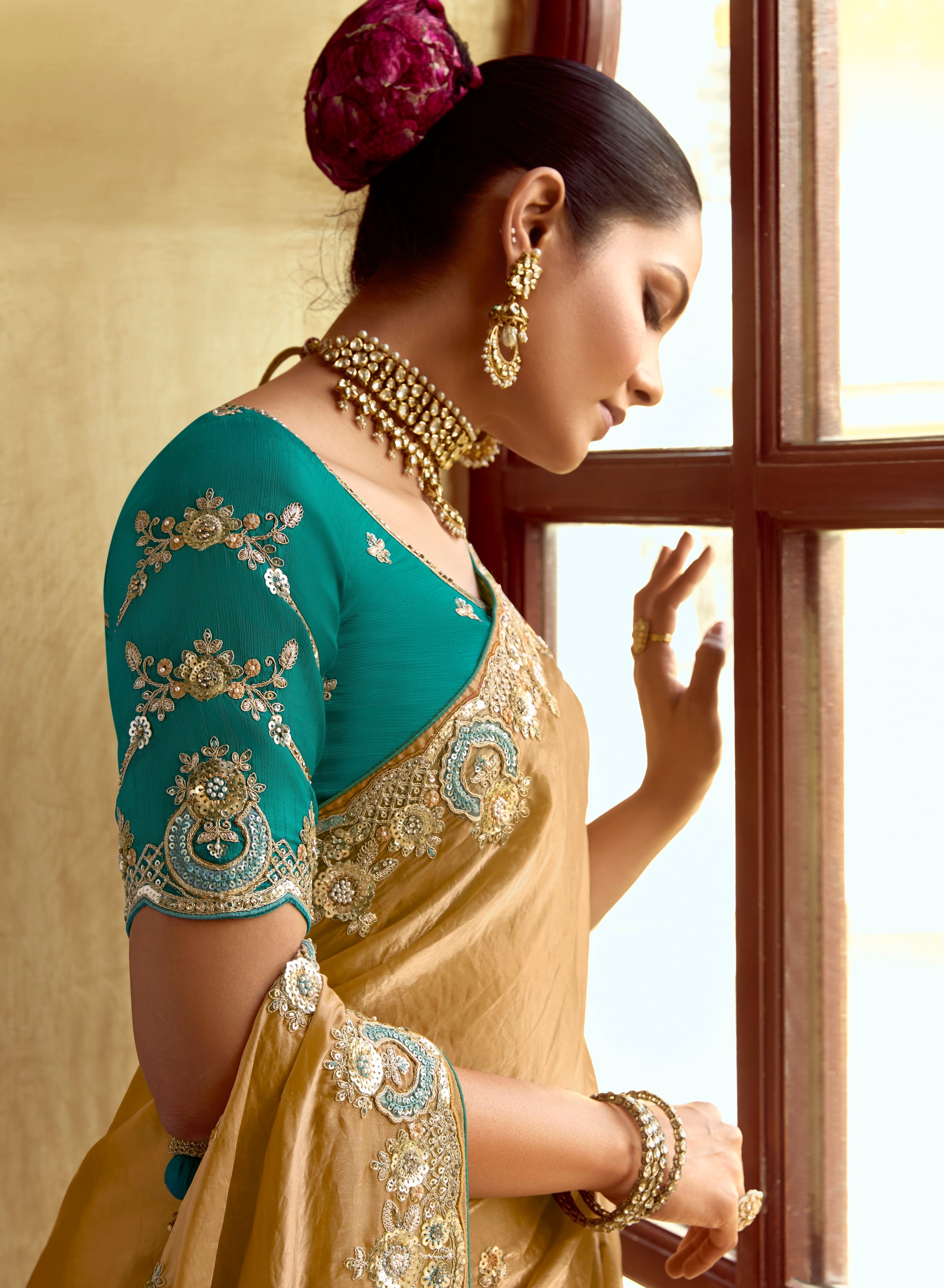 Yellow Fancy Fabric Beautified With Sequins ,Dhaga ,Thread Embroidered Work Saree - qivii