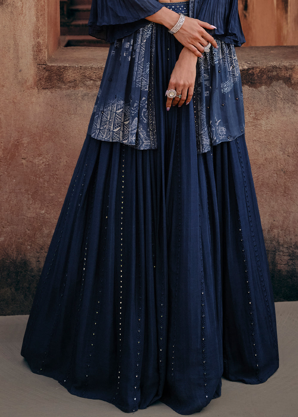 Navy Blue Chinon Silk Top & Skirt with Designer Shrug By Qivii