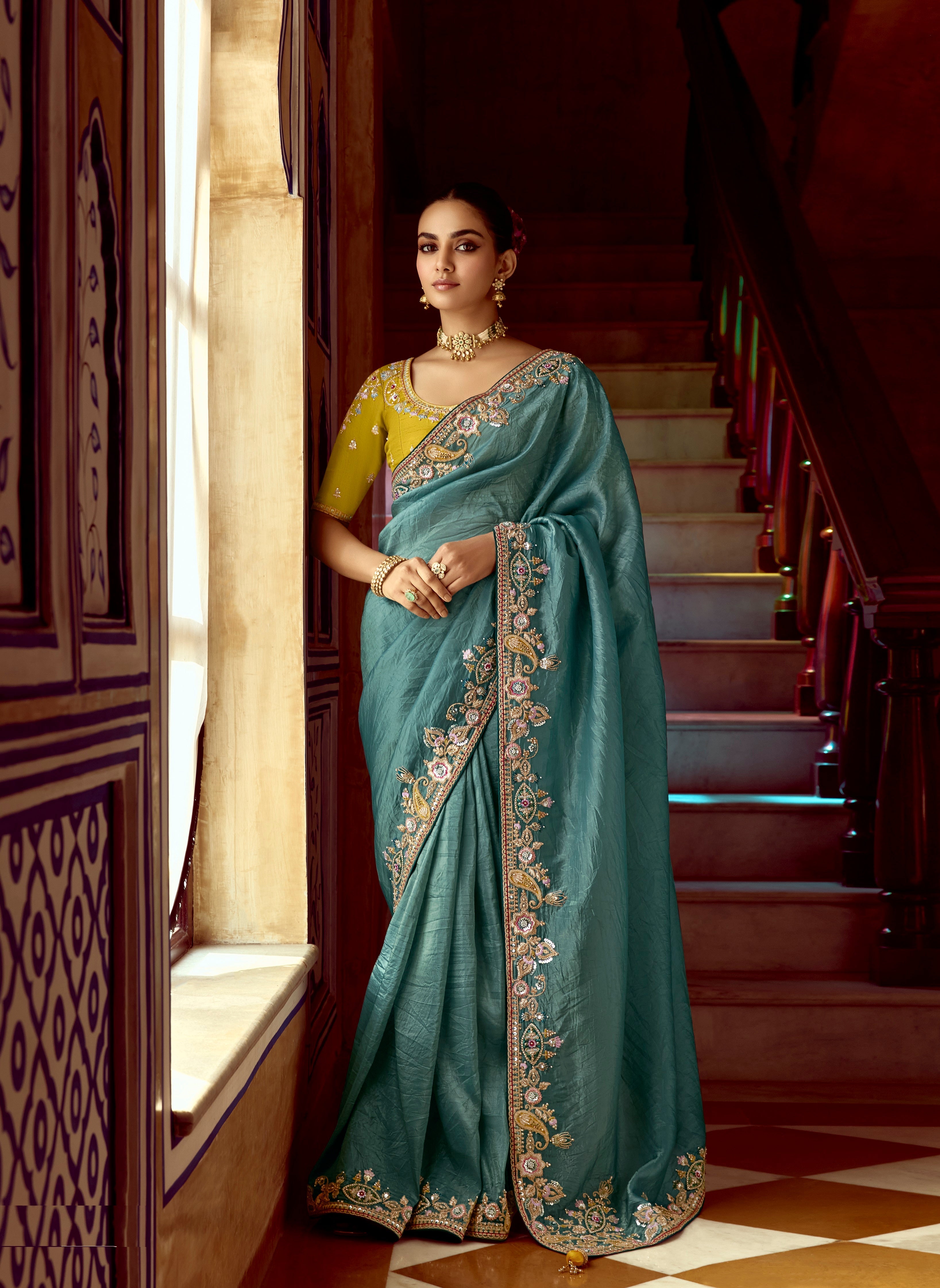 Blue Fancy Fabric Beautified With Sequins ,Dhaga ,Thread Embroidered Work Saree - qivii