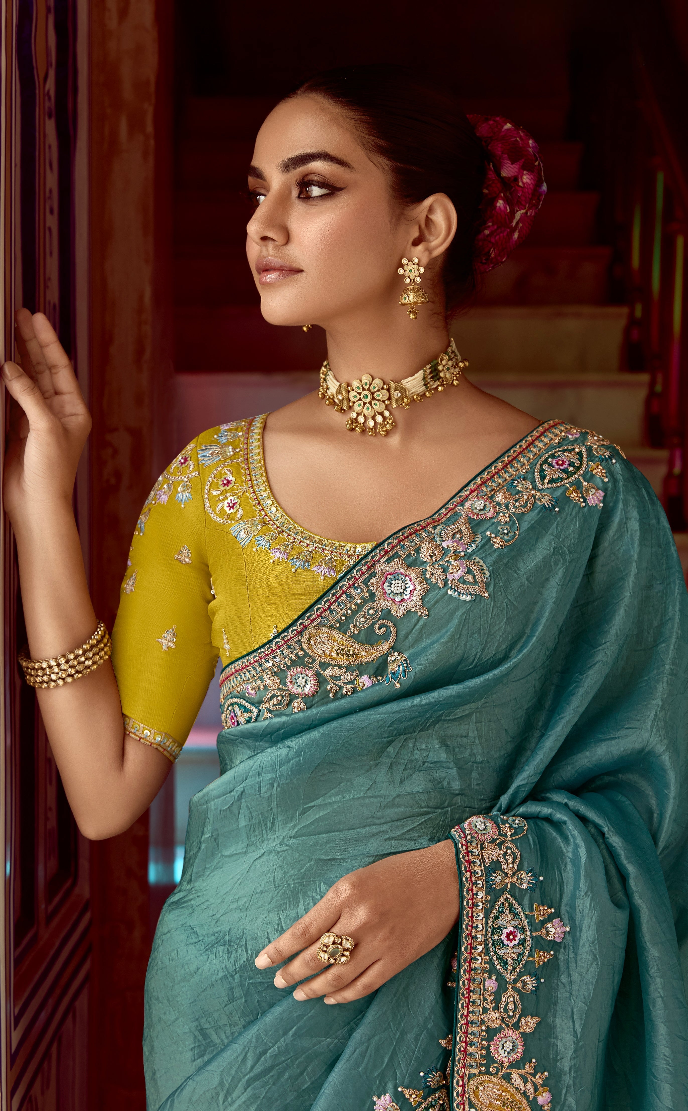 Blue Fancy Fabric Beautified With Sequins ,Dhaga ,Thread Embroidered Work Saree - qivii