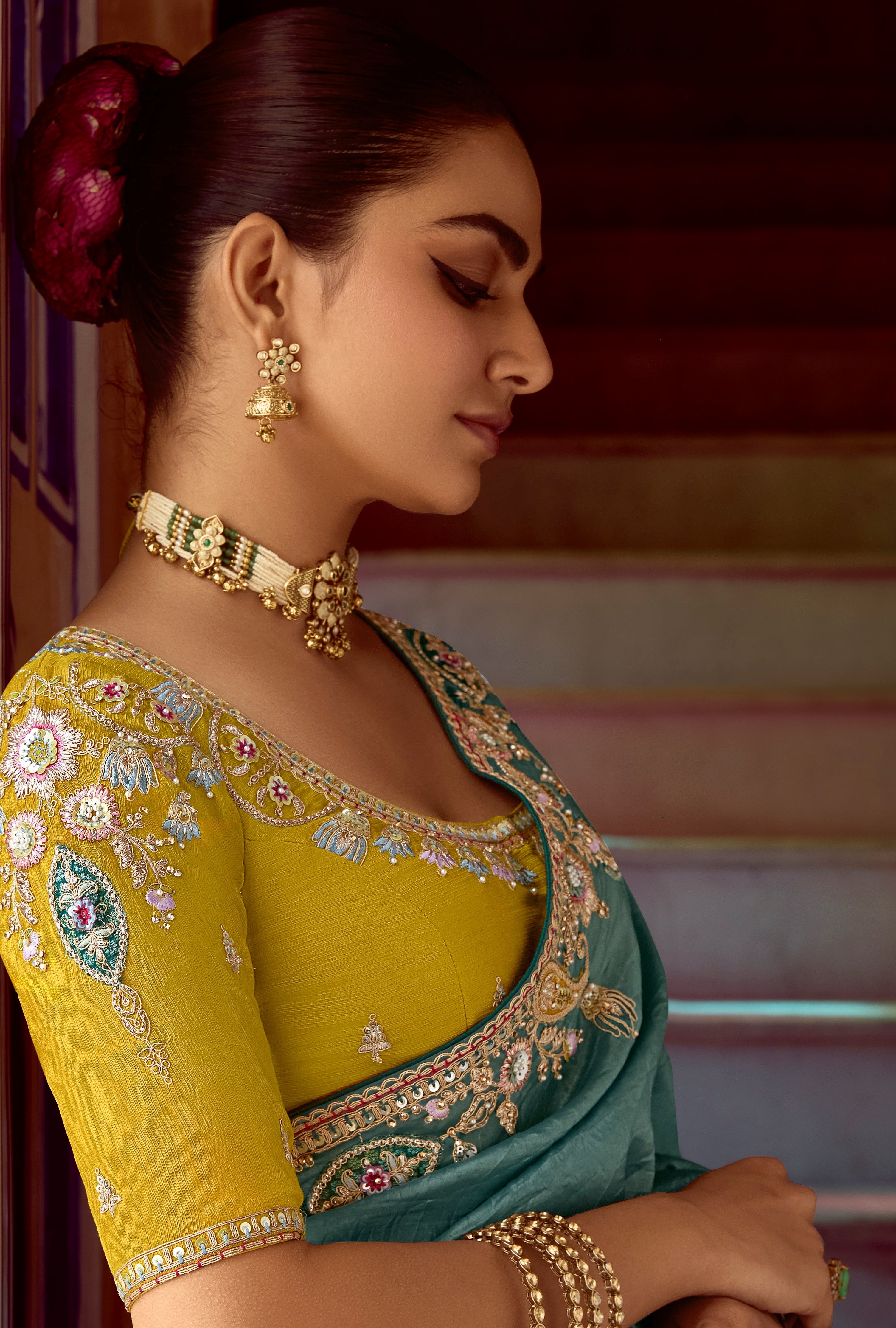 Blue Fancy Fabric Beautified With Sequins ,Dhaga ,Thread Embroidered Work Saree - qivii