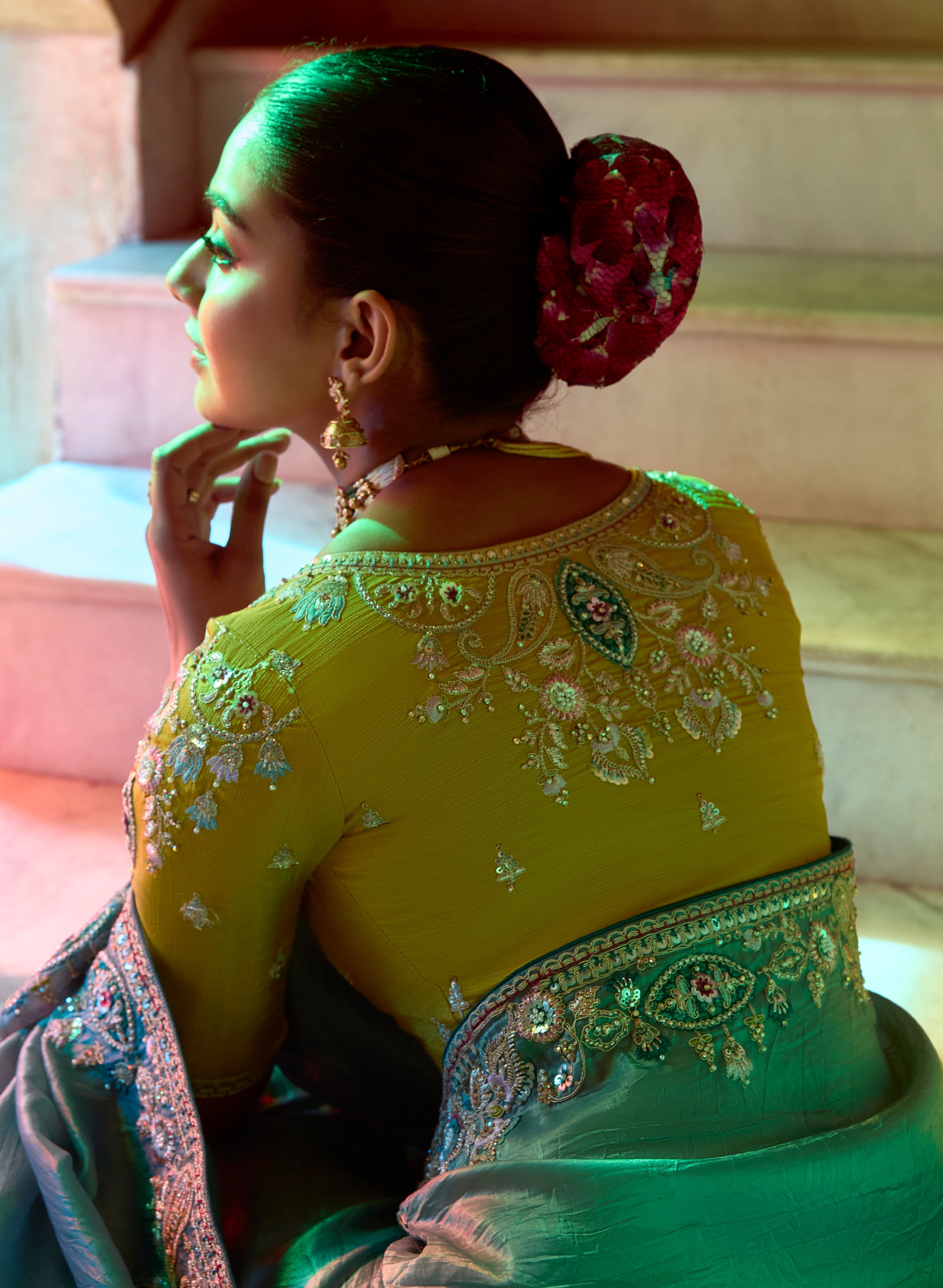 Blue Fancy Fabric Beautified With Sequins ,Dhaga ,Thread Embroidered Work Saree - qivii