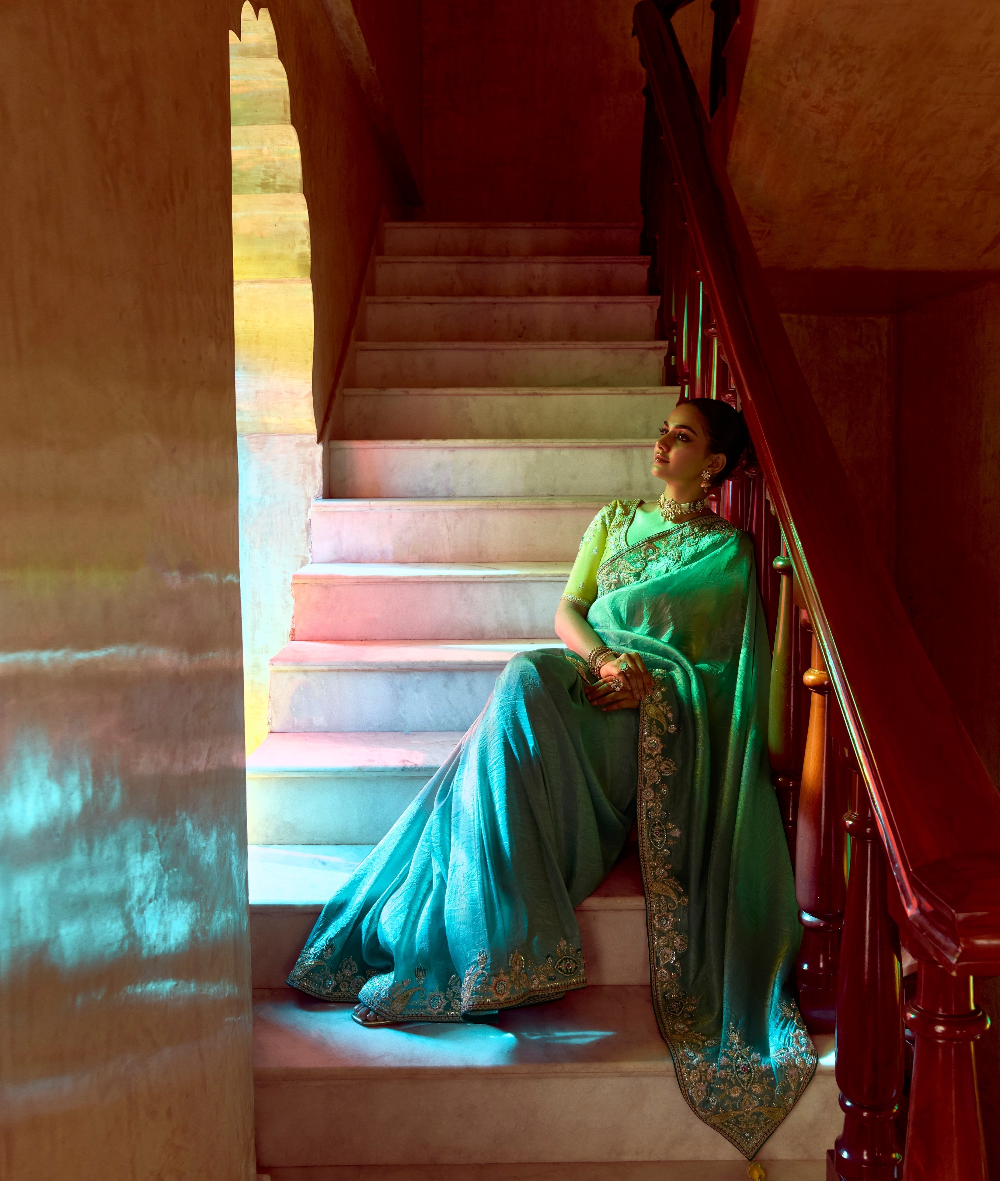 Blue Fancy Fabric Beautified With Sequins ,Dhaga ,Thread Embroidered Work Saree - qivii