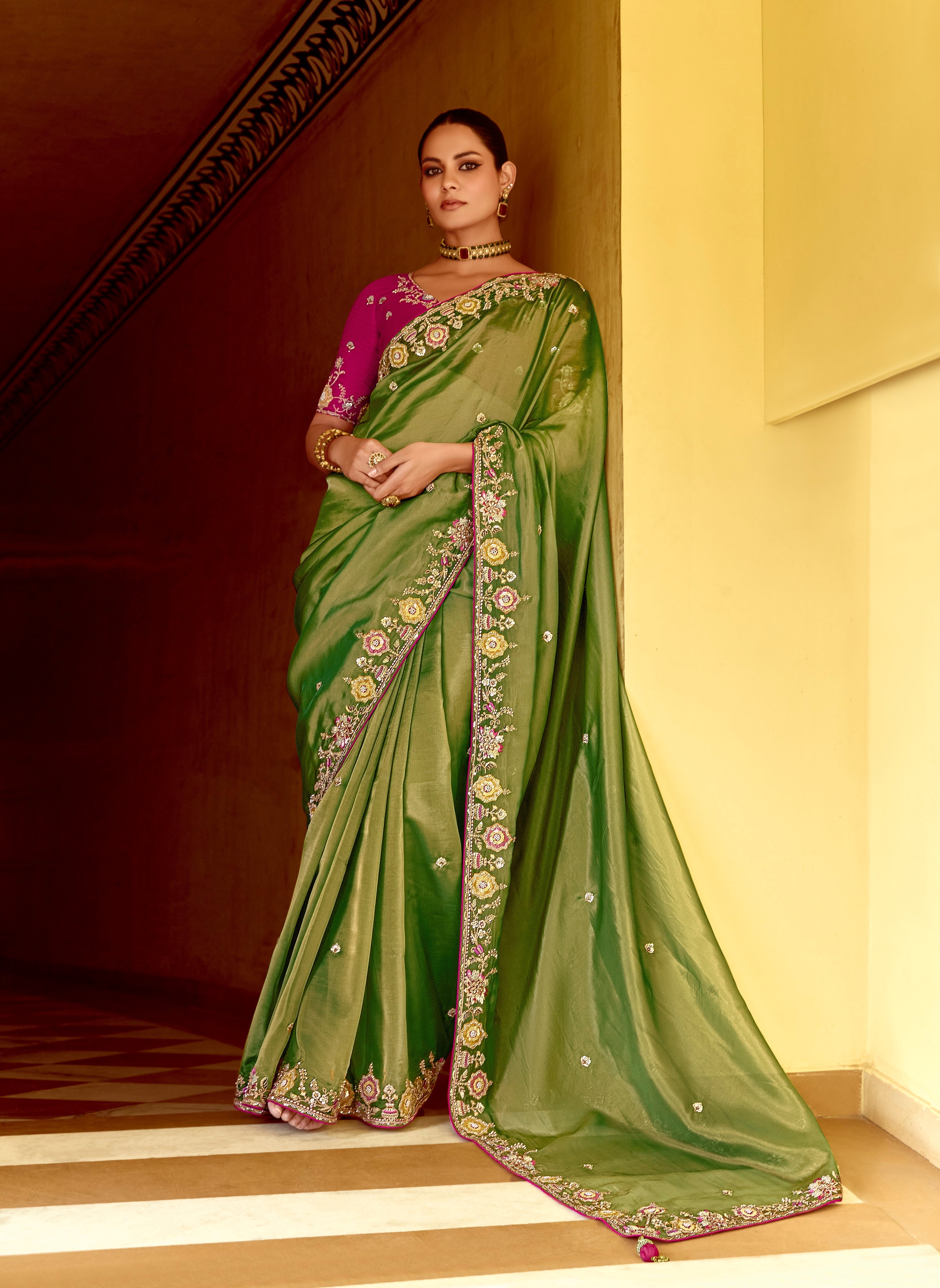 Green Fancy Fabric Beautified With Sequins ,Dhaga ,Thread Embroidered Work Saree - qivii