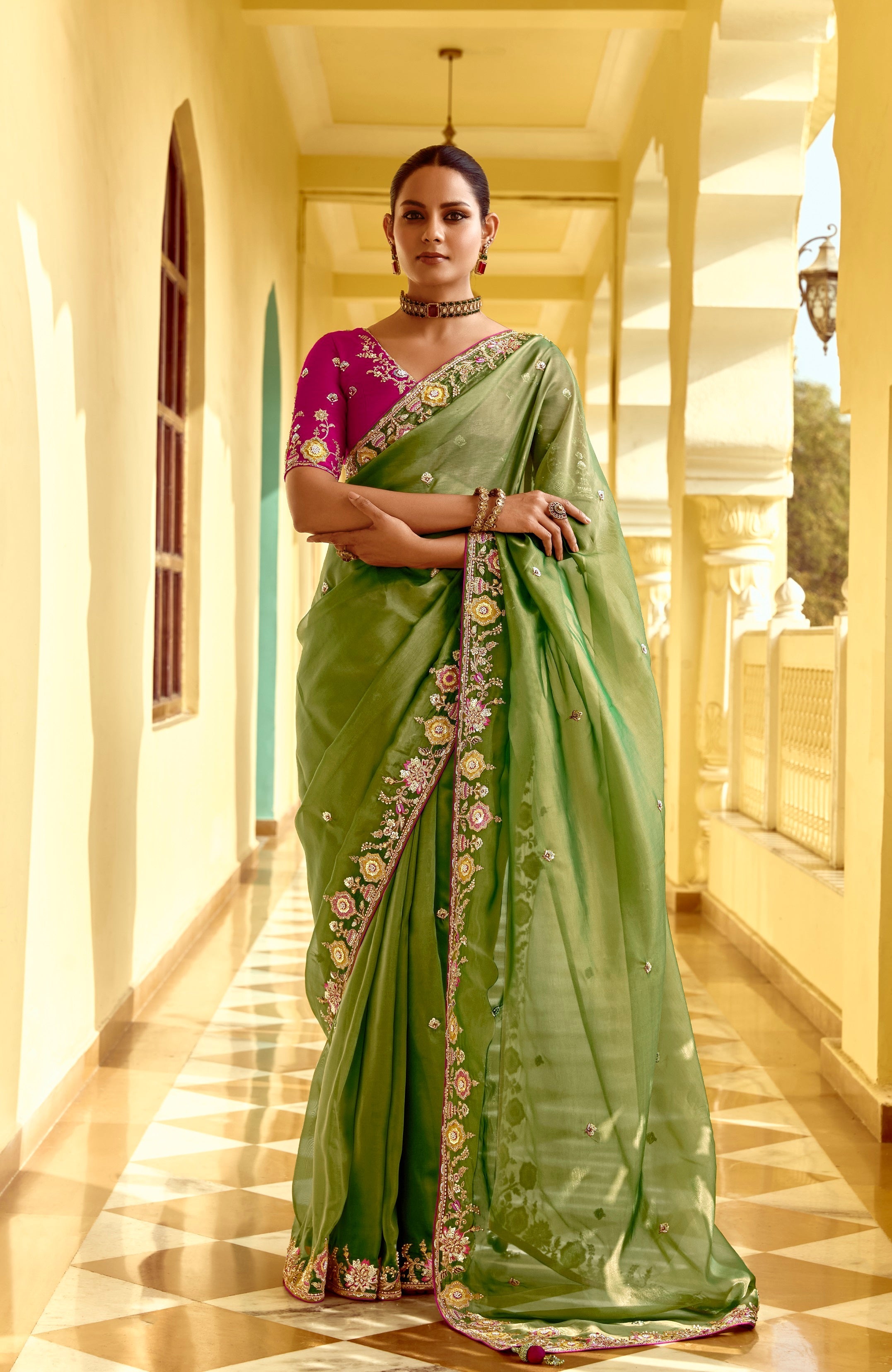 Green Fancy Fabric Beautified With Sequins ,Dhaga ,Thread Embroidered Work Saree - qivii