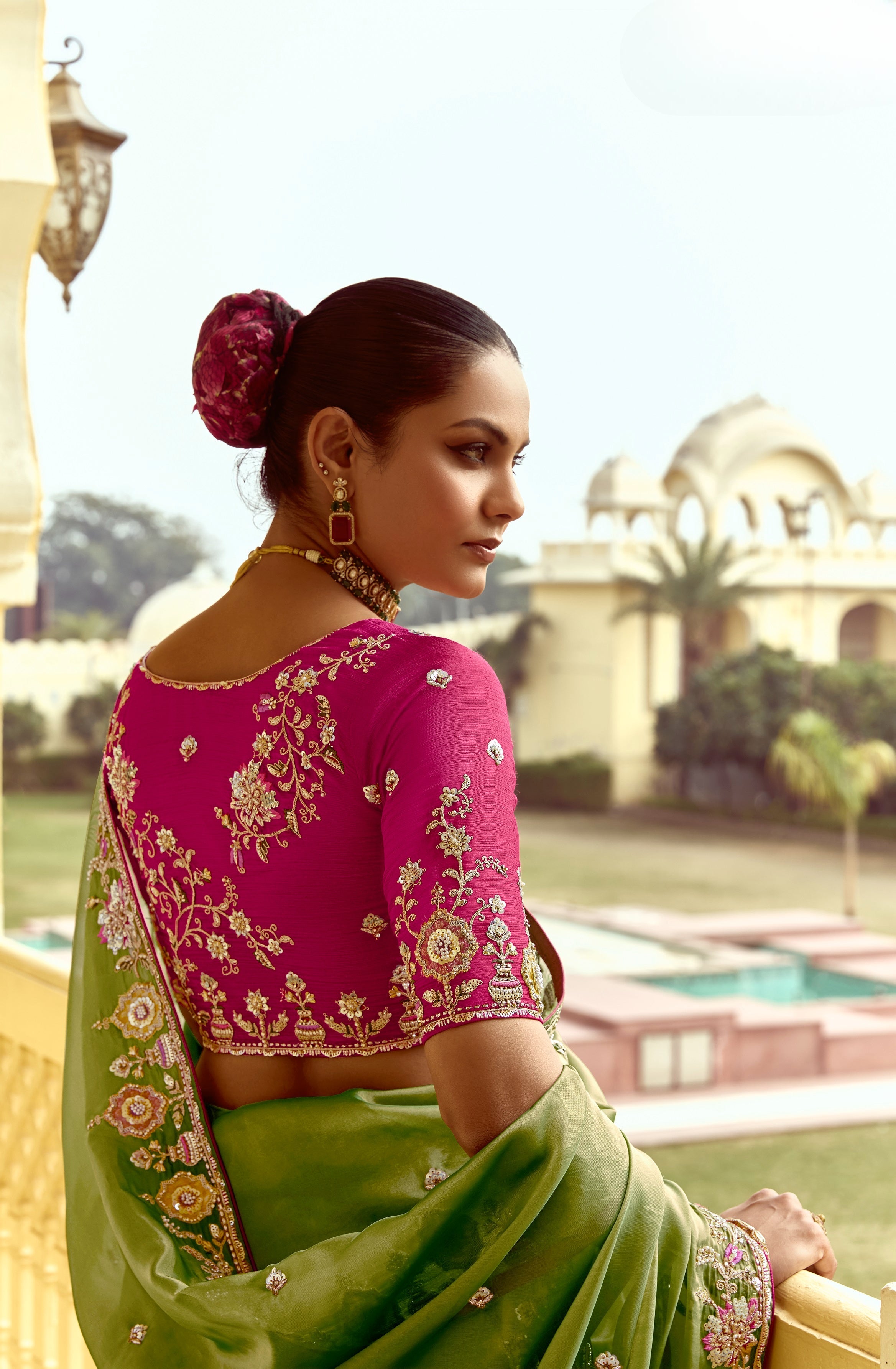 Green Fancy Fabric Beautified With Sequins ,Dhaga ,Thread Embroidered Work Saree - qivii