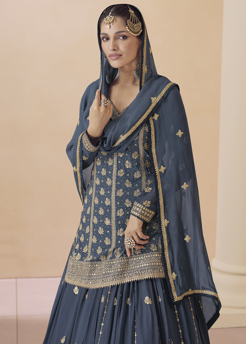 Dark Slate Grey Embroidered Georgette Top & Skirt Set with Dupatta