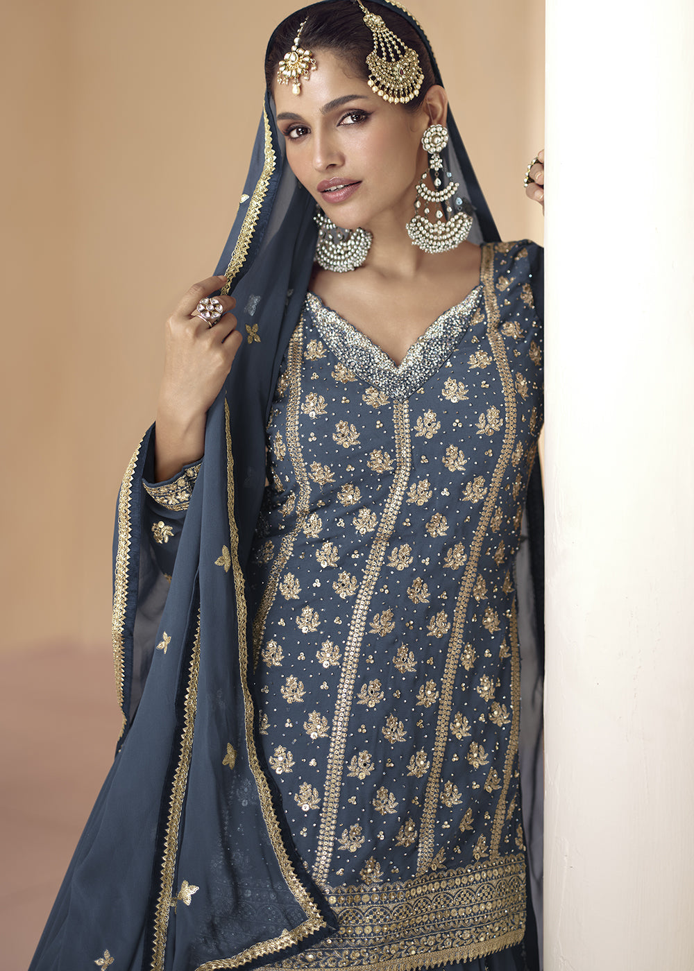 Dark Slate Grey Embroidered Georgette Top & Skirt Set with Dupatta