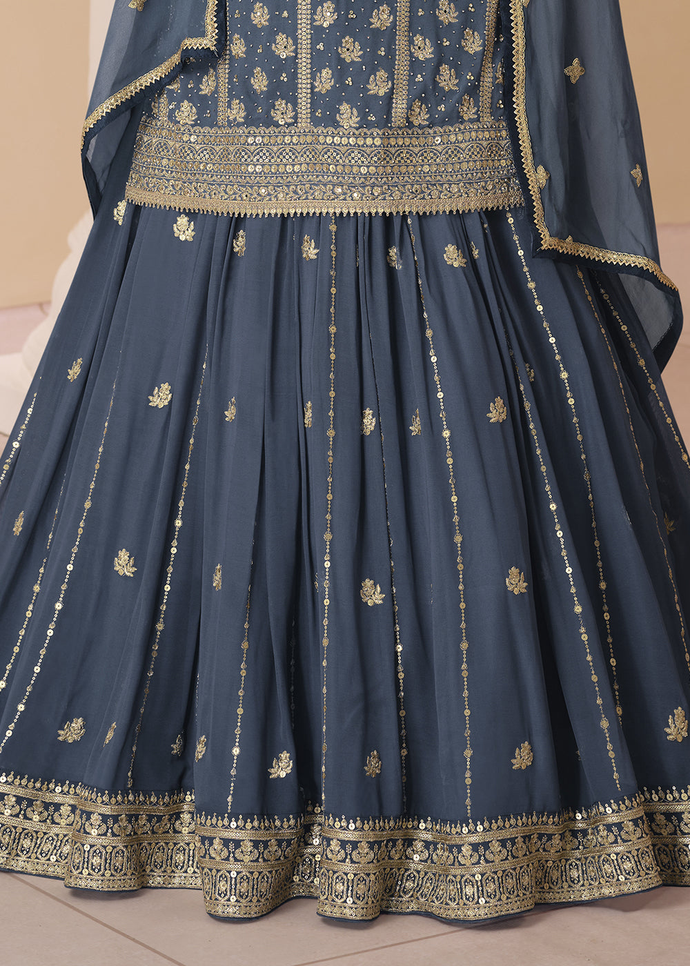 Dark Slate Grey Embroidered Georgette Top & Skirt Set with Dupatta