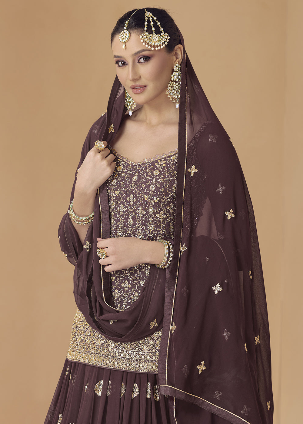 Mocha Brown Embroidered Georgette Top & Skirt Set with Dupatta