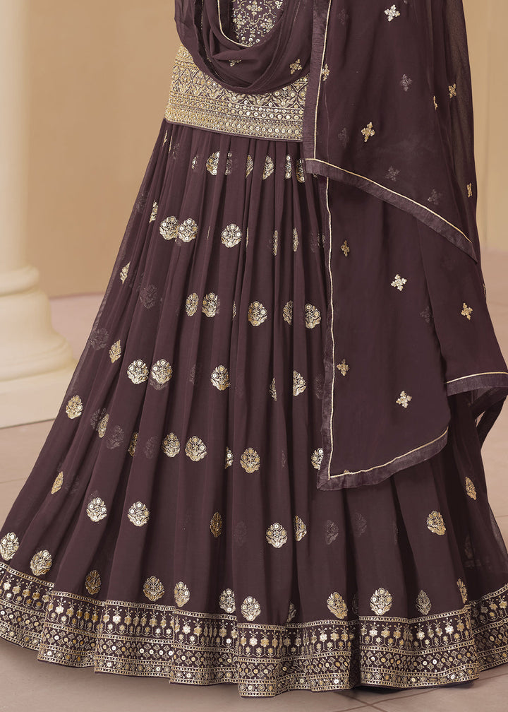 Mocha Brown Embroidered Georgette Top & Skirt Set with Dupatta