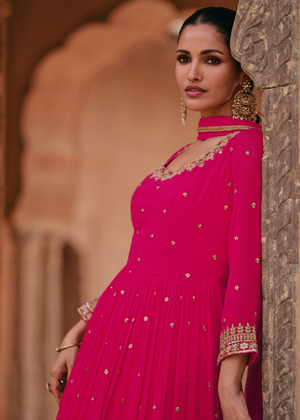 Magenta Pink Designer Anarkali Suit with Embroidery work By Qivii