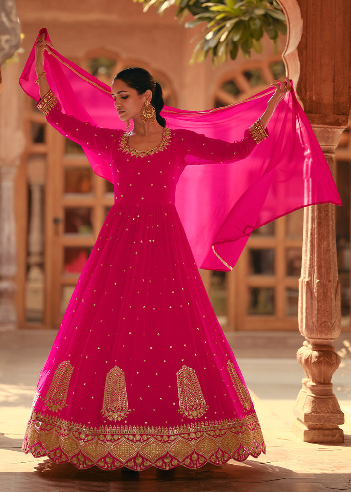 Magenta Pink Designer Anarkali Suit with Embroidery work By Qivii