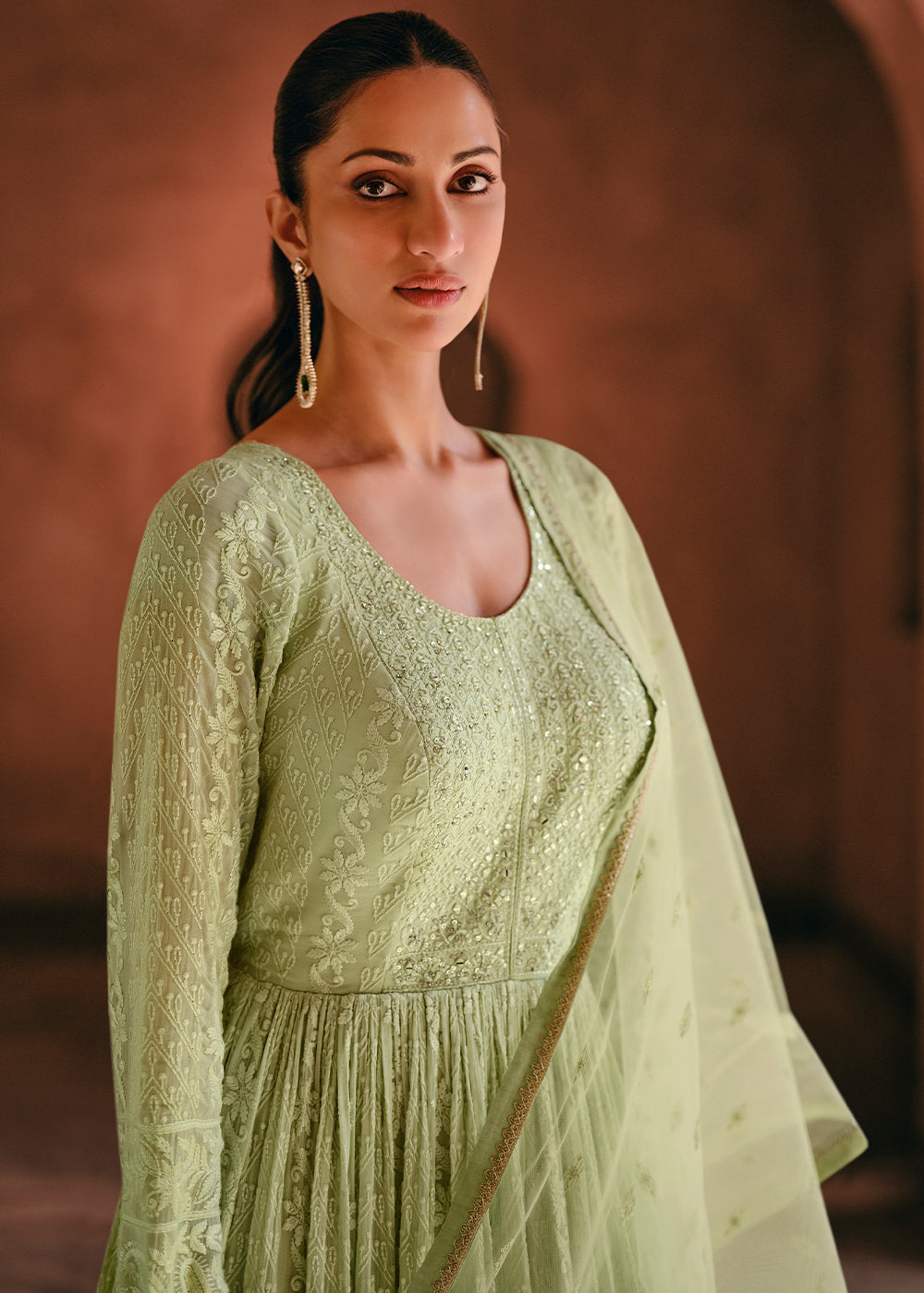 Pastel Green Designer Anarkali Suit with Embroidery work By Qivii