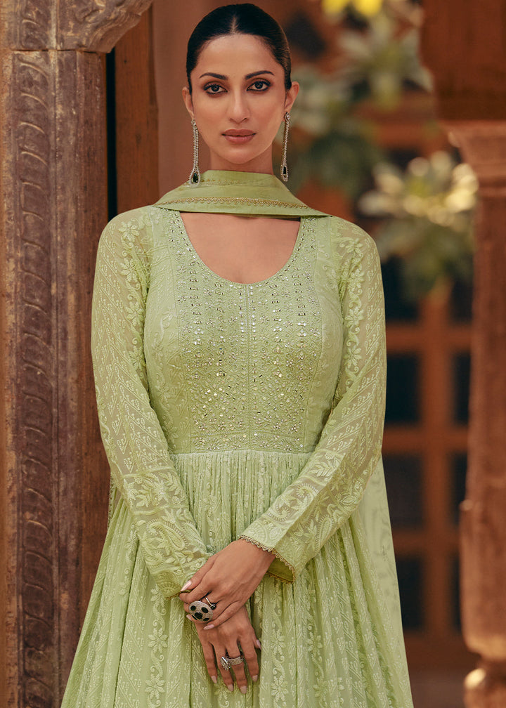 Pastel Green Designer Anarkali Suit with Embroidery work By Qivii