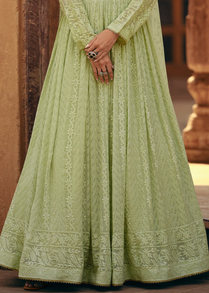 Pastel Green Designer Anarkali Suit with Embroidery work By Qivii