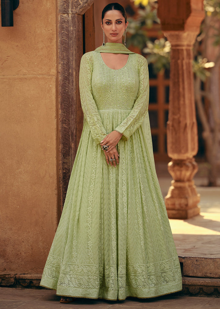 Pastel Green Designer Anarkali Suit with Embroidery work By Qivii