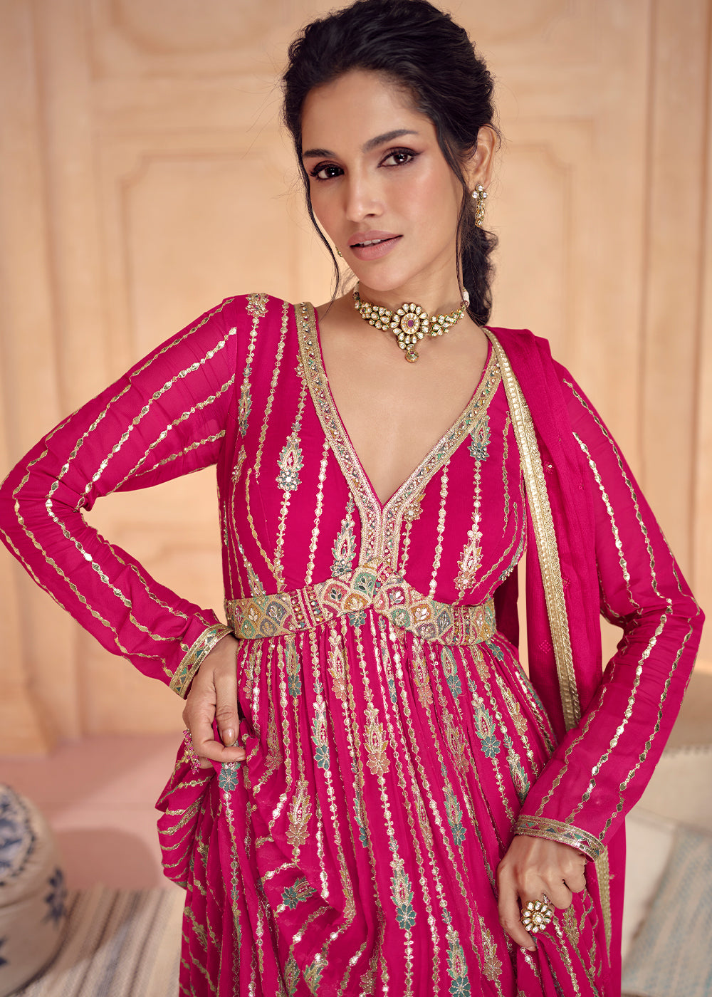 Hot Pink Designer Embroidered Anarkali Suit