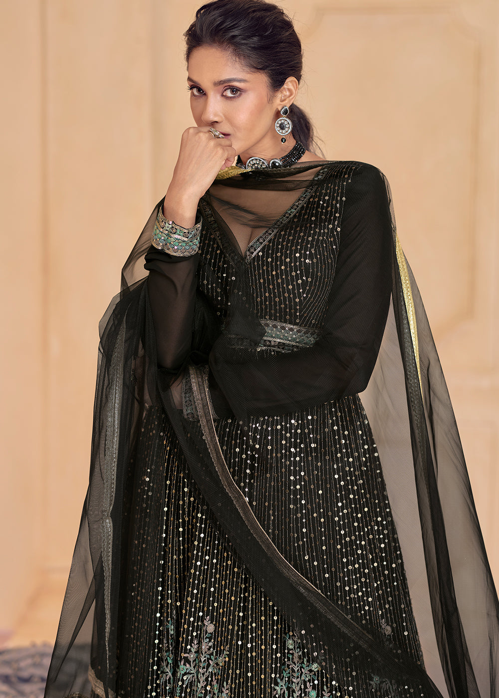 Onyx Black Designer Embroidered Anarkali Suit