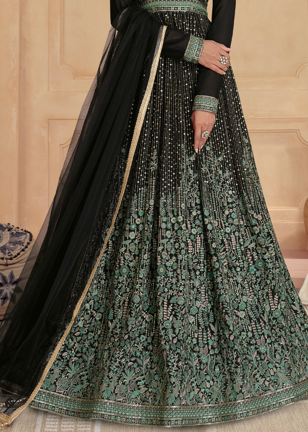 Onyx Black Designer Embroidered Anarkali Suit