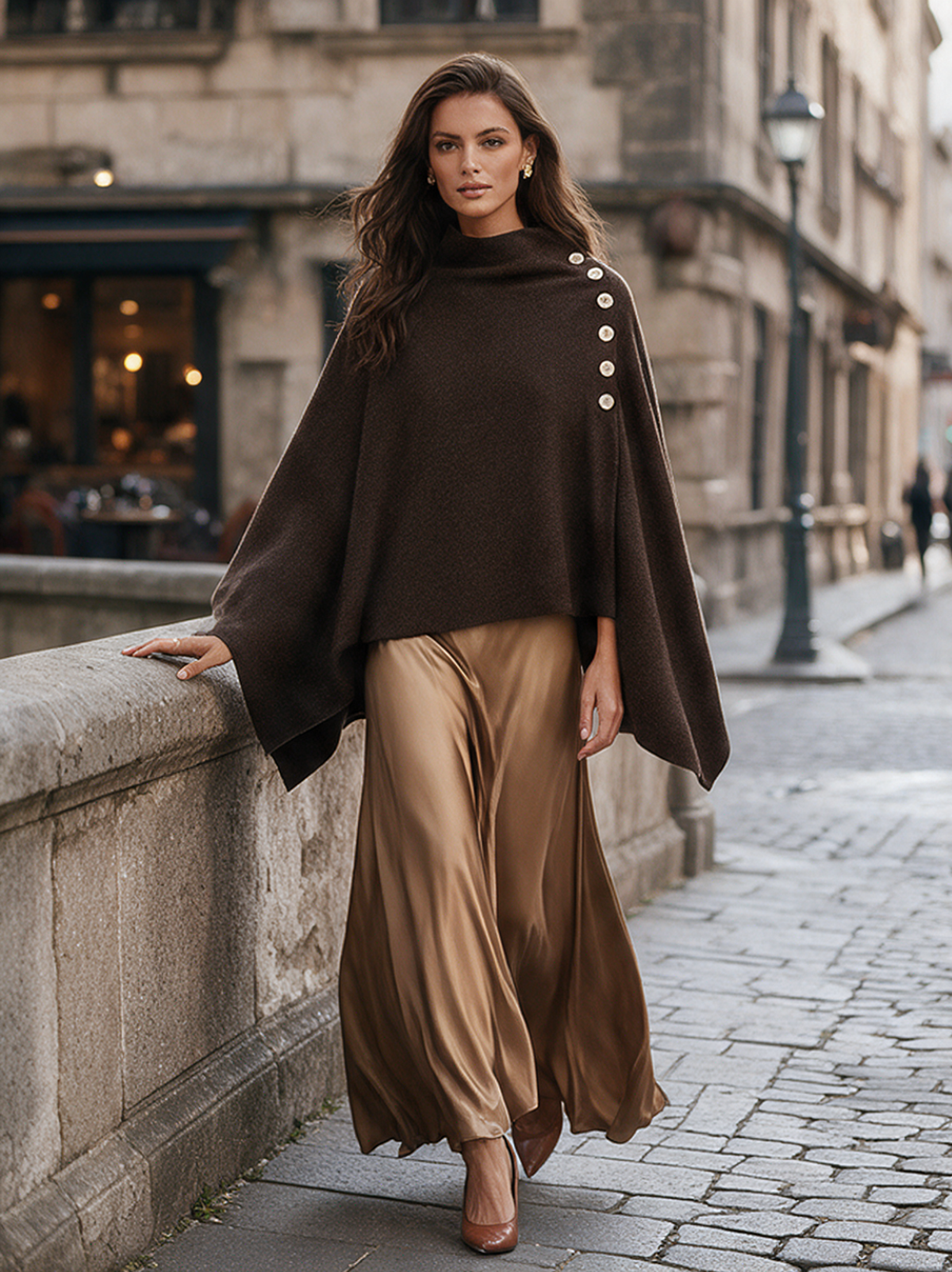 Women's Casual Dark Brown Wool-Blend Cape And Gold Satin Midi Skirt Set
