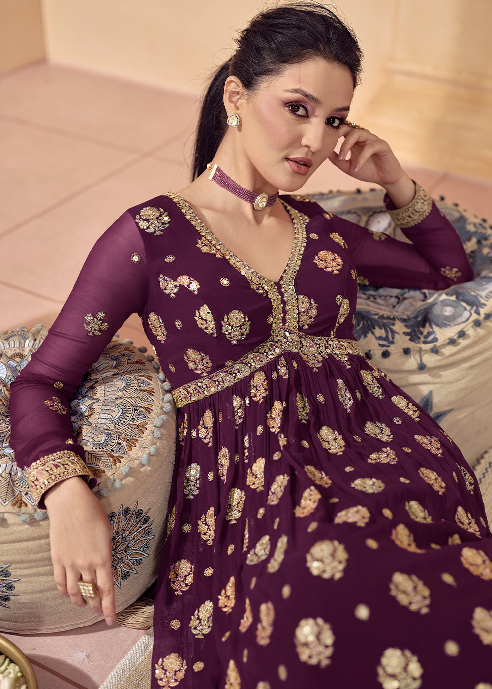 Sangria Purple Designer Embroidered Anarkali Suit