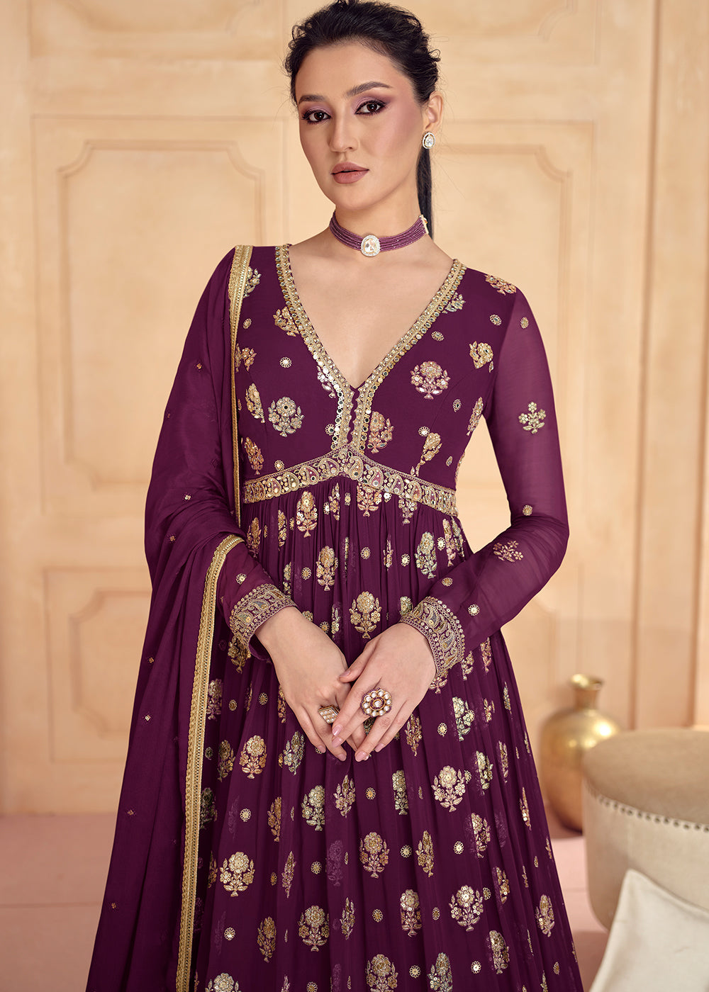 Sangria Purple Designer Embroidered Anarkali Suit